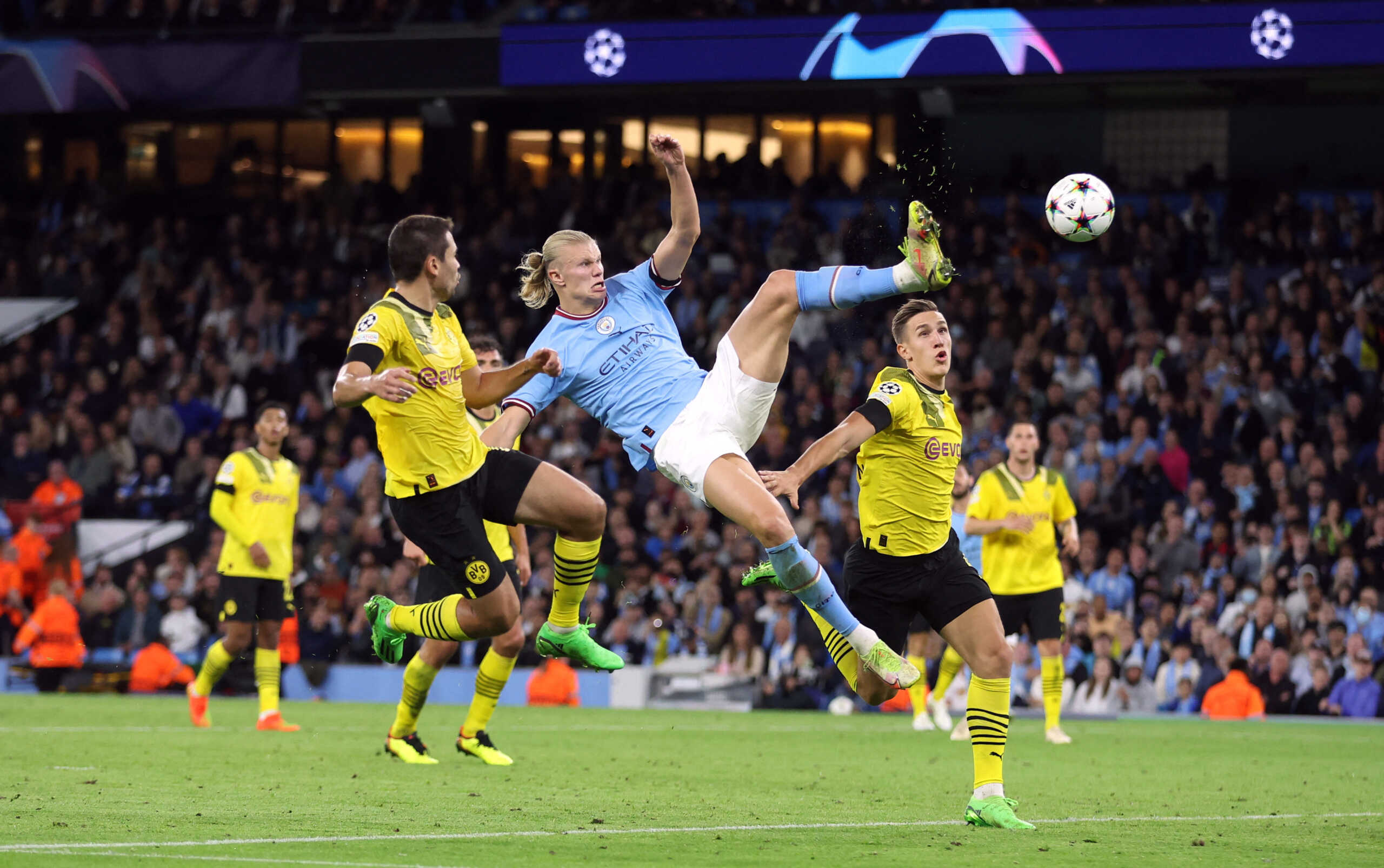 Soccer Football - Champions League - Group G - Manchester City v Borussia Dortmund - Etihad Stadium, Manchester, Britain - September 14, 2022 Manchester City's Erling Braut Haaland scores their second goal Action Images via Reuters