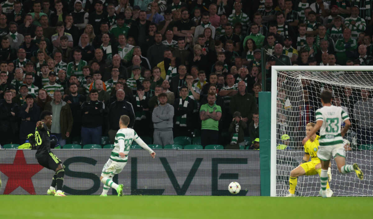 Soccer Football - Champions League - Group H - Celtic v Real Madrid - Celtic Park, Glasgow, Scotland, Britain - September 6, 2022 Real Madrid's Vinicius Junior scores their first goal Action Images via Reuters