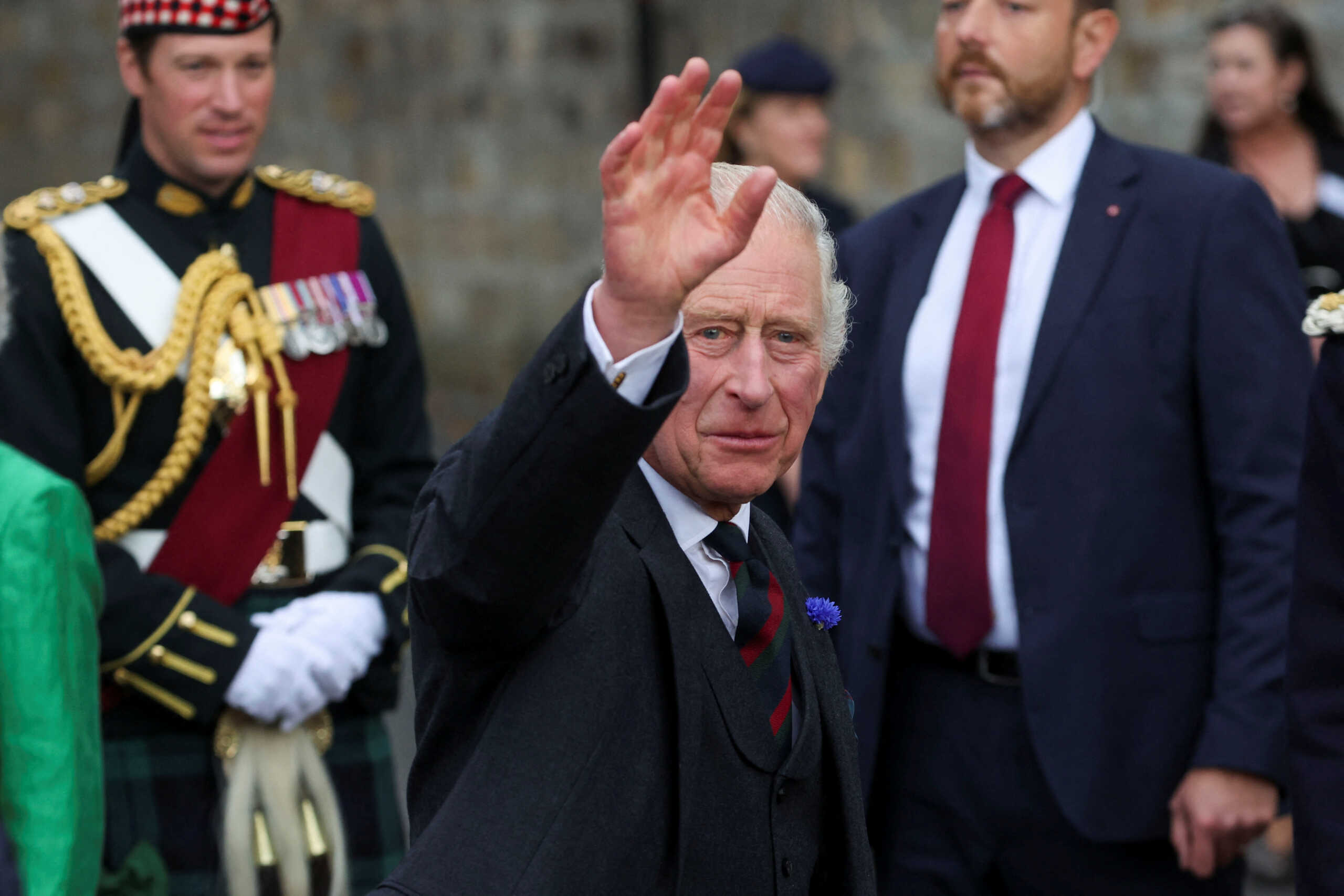 Britain's King Charles waves at an official ceremony to mark Dunfermline as a city, in Dunfermline, Scotland, Britain, October 3, 2022. REUTERS