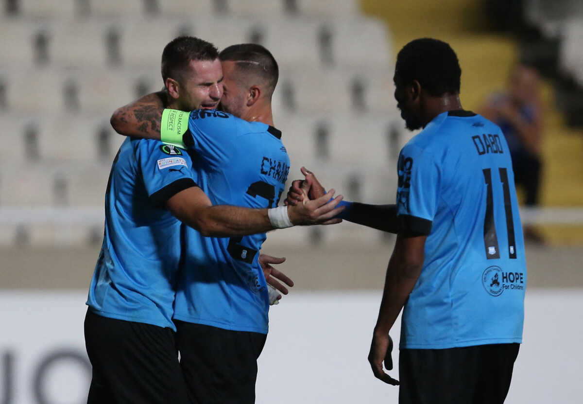 Soccer Football - Europa Conference League - Group E - Apollon Limassol v AZ Alkmaar - GSP Stadium, Strovolos, Cyprus - October 13, 2022 Apollon Limassol's Valentin Roberge celebrates scoring their first goal with teammates REUTERS