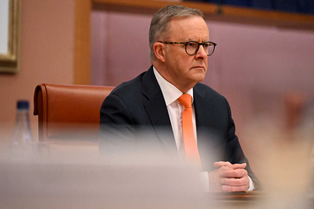 Australian Prime Minister Anthony Albanese reacts during a meeting with Prime Minister of Singapore Lee Hsien Loong at Parliament House in Canberra, Tuesday, October 18, 2022.  Lukas Coch