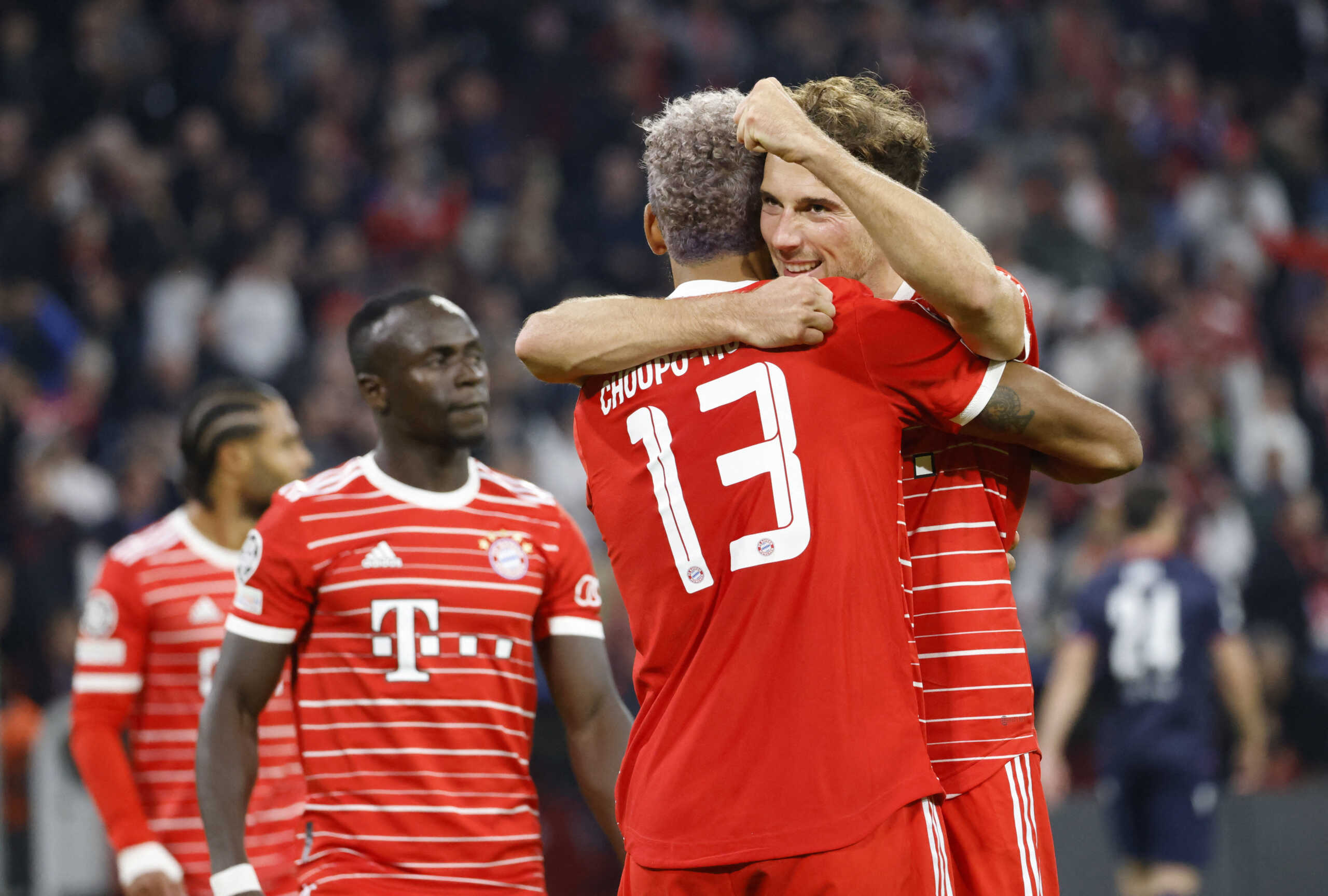 Soccer Football - Champions League - Group C - Bayern Munich v Viktoria Plzen - Allianz Arena, Munich, Germany - October 4, 2022  Bayern Munich's Eric Maxim Choupo-Moting celebrates scoring their fifth goal with Leon Goretzka REUTERS