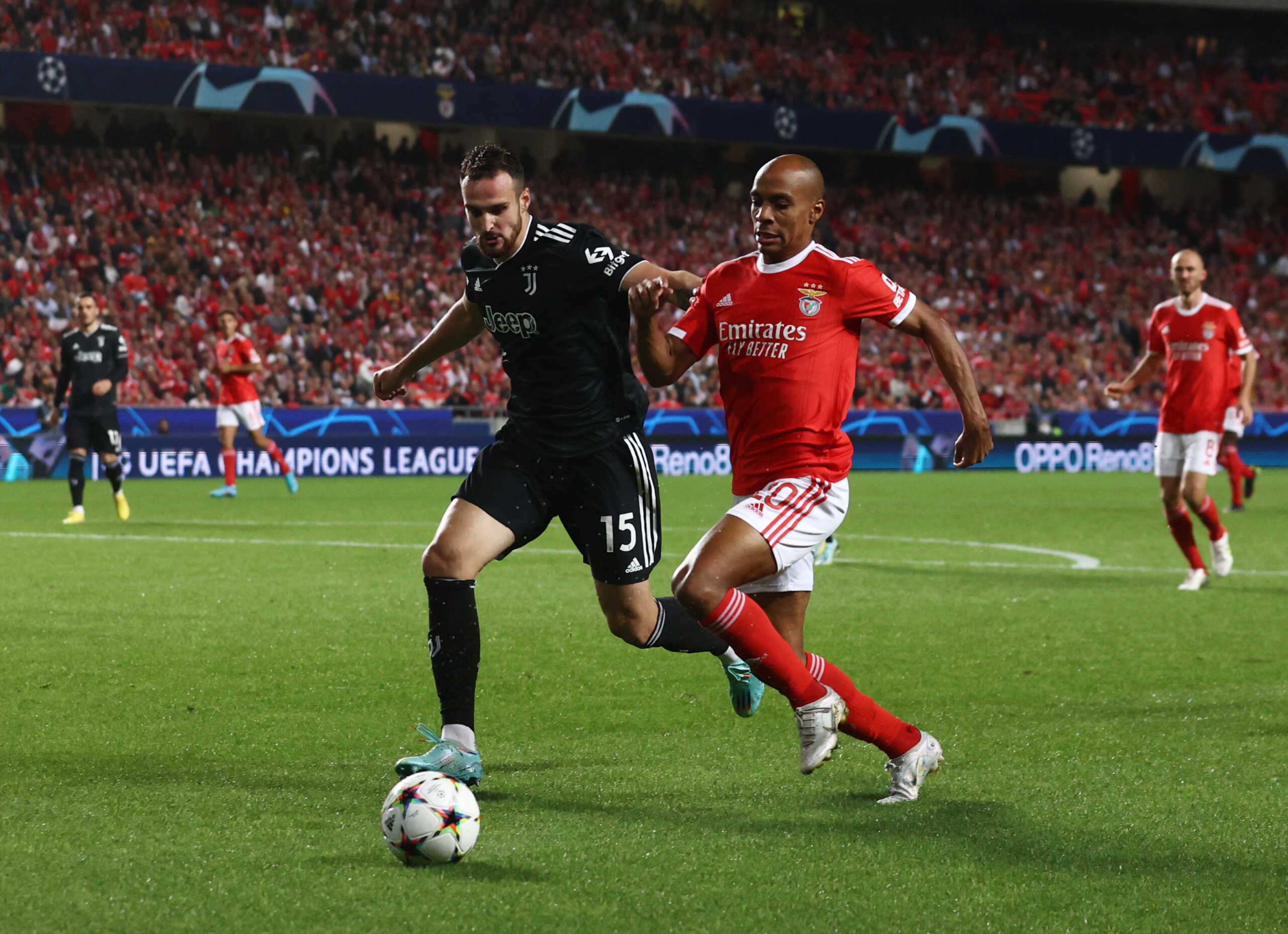 Soccer Football - Champions League - Group H - Benfica v Juventus - Estadio da Luz, Lisbon, Portugal - October 25, 2022 Juventus' Frederico Gatti in action with Benfica's Joao Mario REUTERS