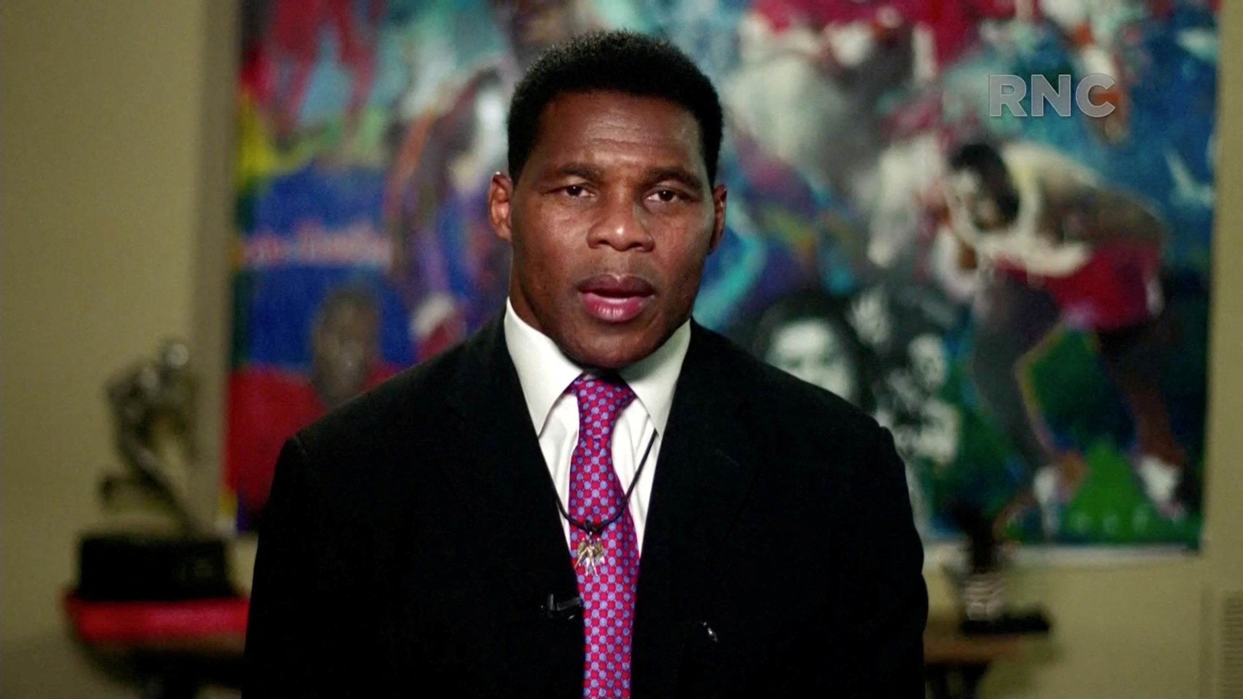 FILE PHOTO: Former NFL player Herschel Walker speaks by video feed during the largely virtual 2020 Republican National Convention broadcast from Washington, U.S. August 24, 2020. 2020 Republican National Convention