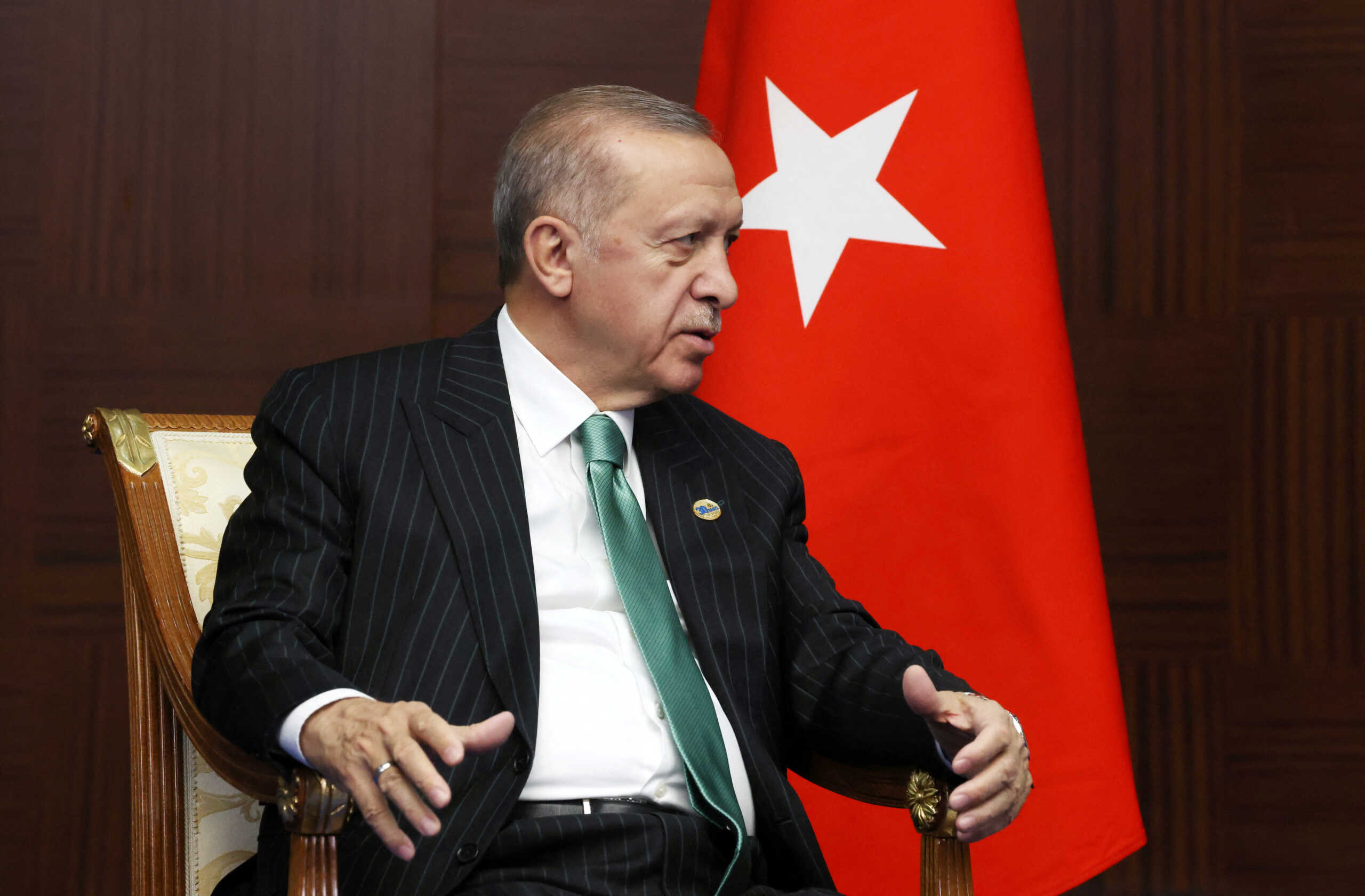 Turkey's President Tayyip Erdogan attends a meeting with Russia's President Vladimir Putin (not pictured) on the sidelines of the 6th summit of the Conference on Interaction and Confidence-building Measures in Asia (CICA), in Astana, Kazakhstan October 13, 2022.   Sputnik