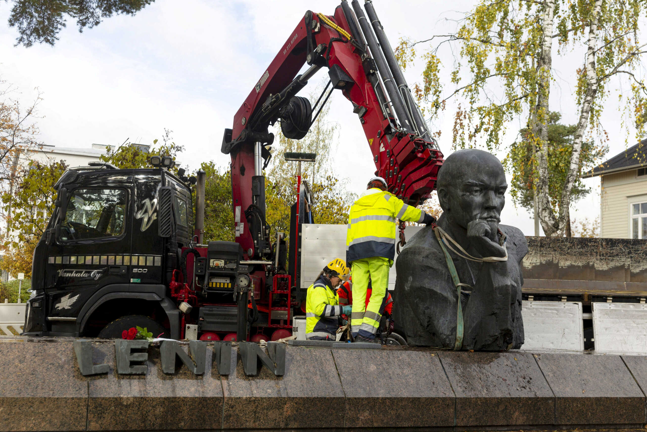 The last statue of the former Russian leader Vladimir Ilyich Lenin is removed from the streets of the city of Kotka, in southeast Finland, October 4, 2022.  Lehtikuva