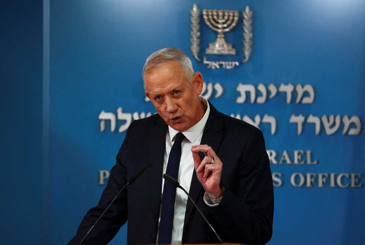FILE PHOTO: Israeli Defence Minister Benny Gantz speaks at a news conference after Israel's cabinet endorsed a U.S.-brokered deal to delineate a maritime border with Lebanon, at the Prime Minister's office in Jerusalem, October 12, 2022. REUTERS