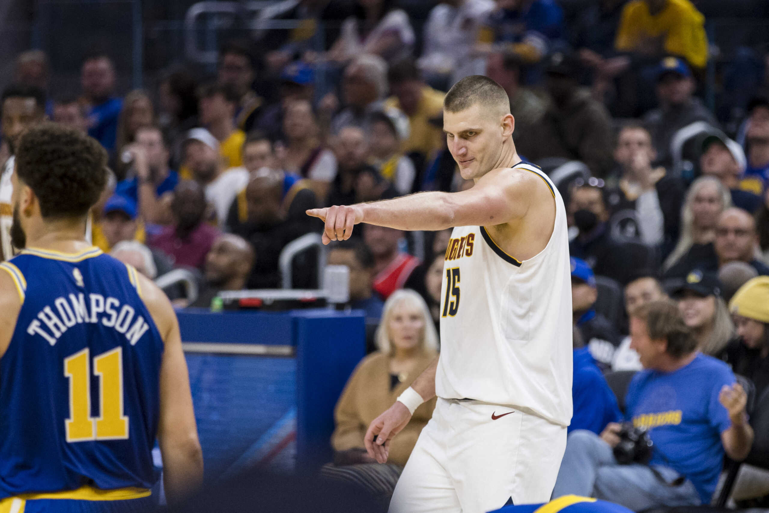 Oct 21, 2022; San Francisco, California, USA; Denver Nuggets center Nikola Jokic (15) gestures during the first half of the game against the Golden State Warriors at Chase Center. Mandatory Credit: John Hefti-USA TODAY Sports