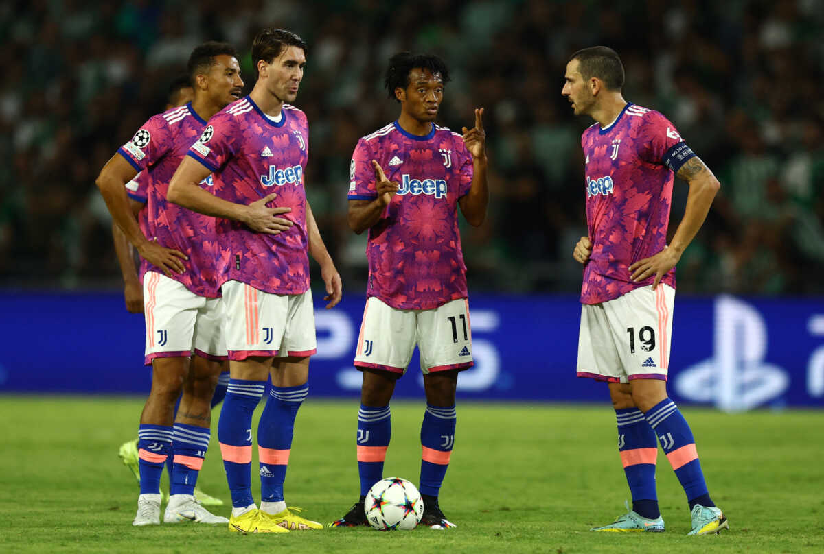 Soccer Football - Champions League - Group H - Maccabi Haifa v Juventus - Sammy Ofer Stadium, Haifa, Israel - October 11, 2022  Juventus' Juan Cuadrado, Leonardo Bonucci, Danilo and Dusan Vlahovic REUTERS