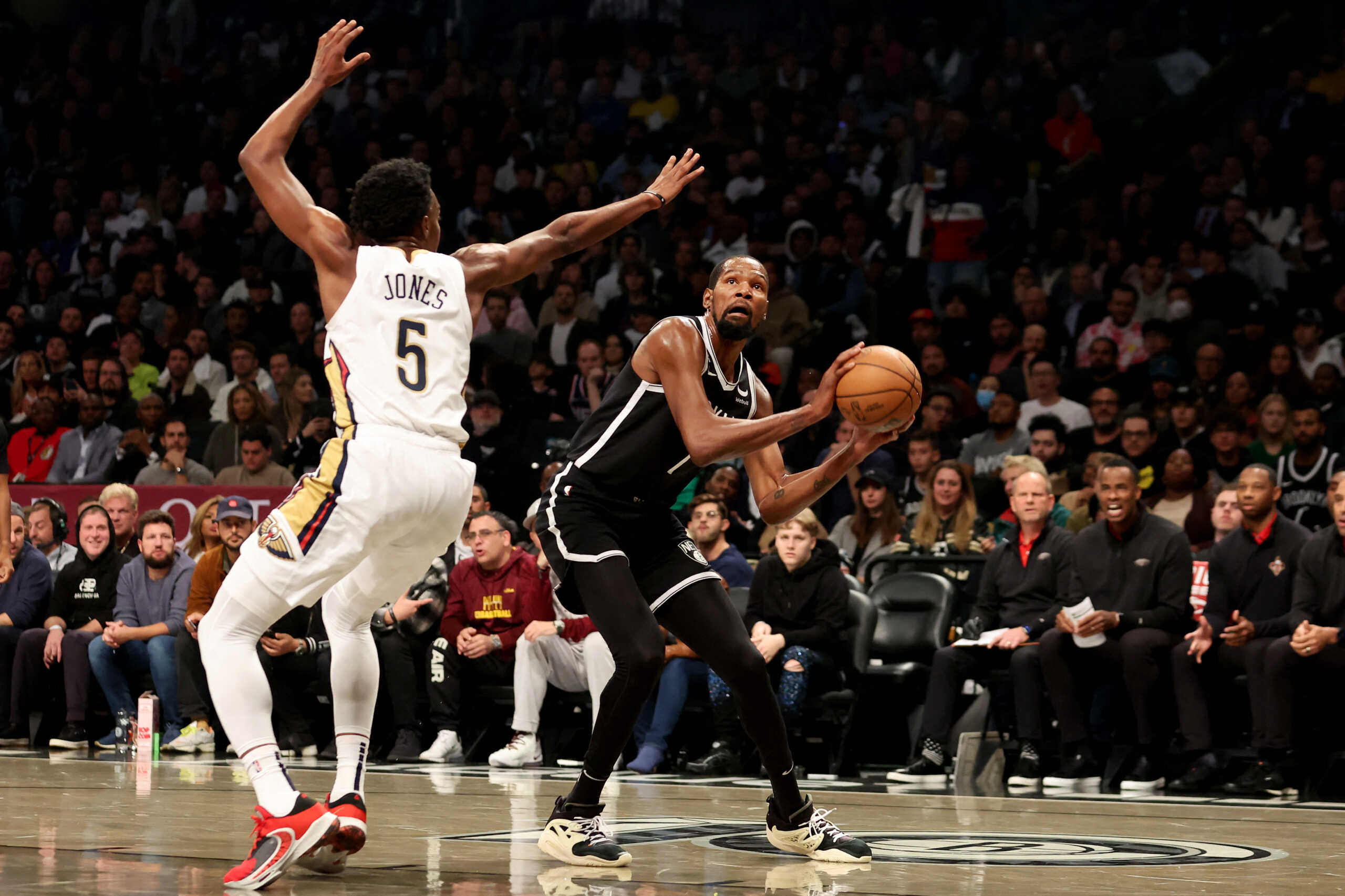 Oct 19, 2022; Brooklyn, New York, USA; Brooklyn Nets forward Kevin Durant (7) looks to shoot against New Orleans Pelicans forward Herbert Jones (5) during the first quarter at Barclays Center. Mandatory Credit: Brad Penner-USA TODAY Sports
