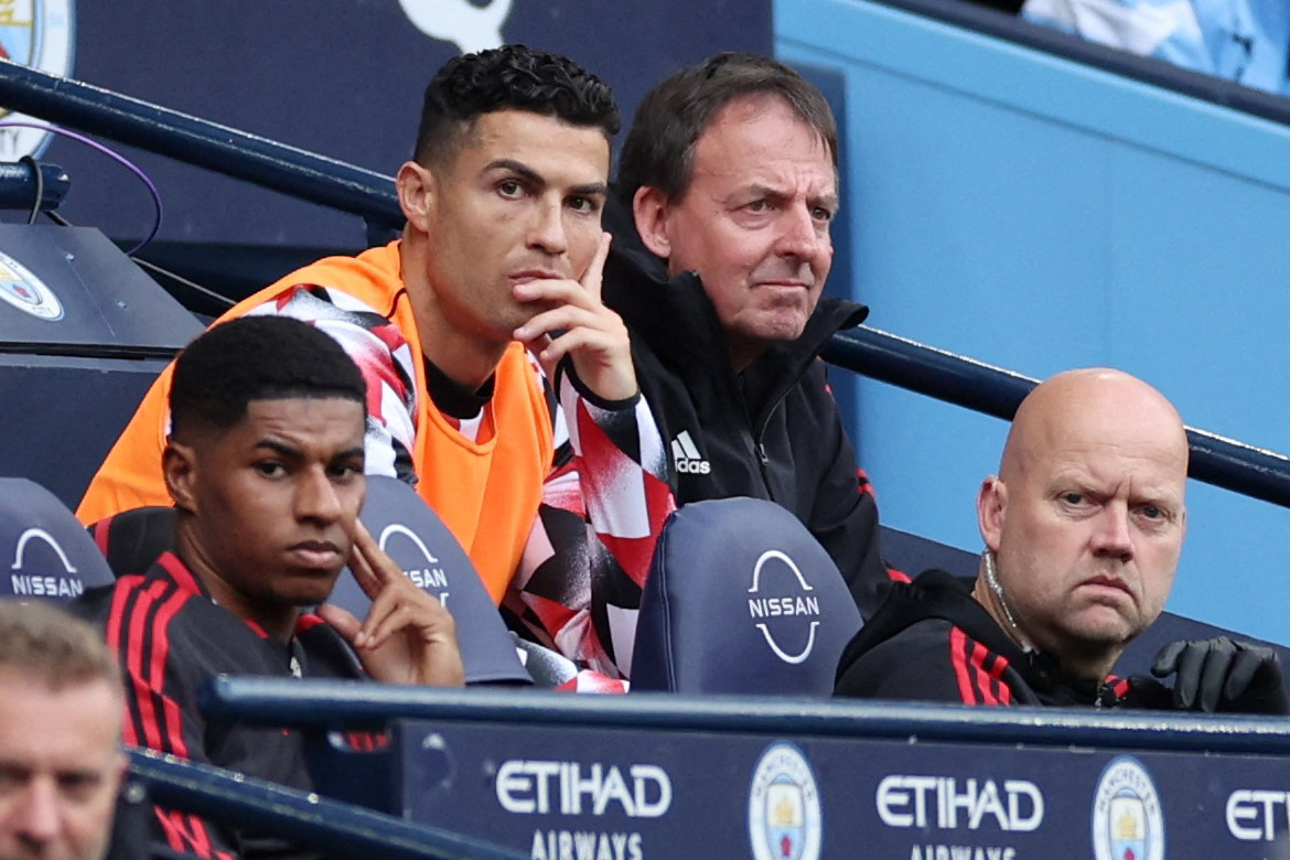 Soccer Football - Premier League - Manchester City v Manchester United - Etihad Stadium, Manchester, Britain - October 2, 2022 Manchester United's Cristiano Ronaldo is seen on the substitutes bench Action Images via Reuters