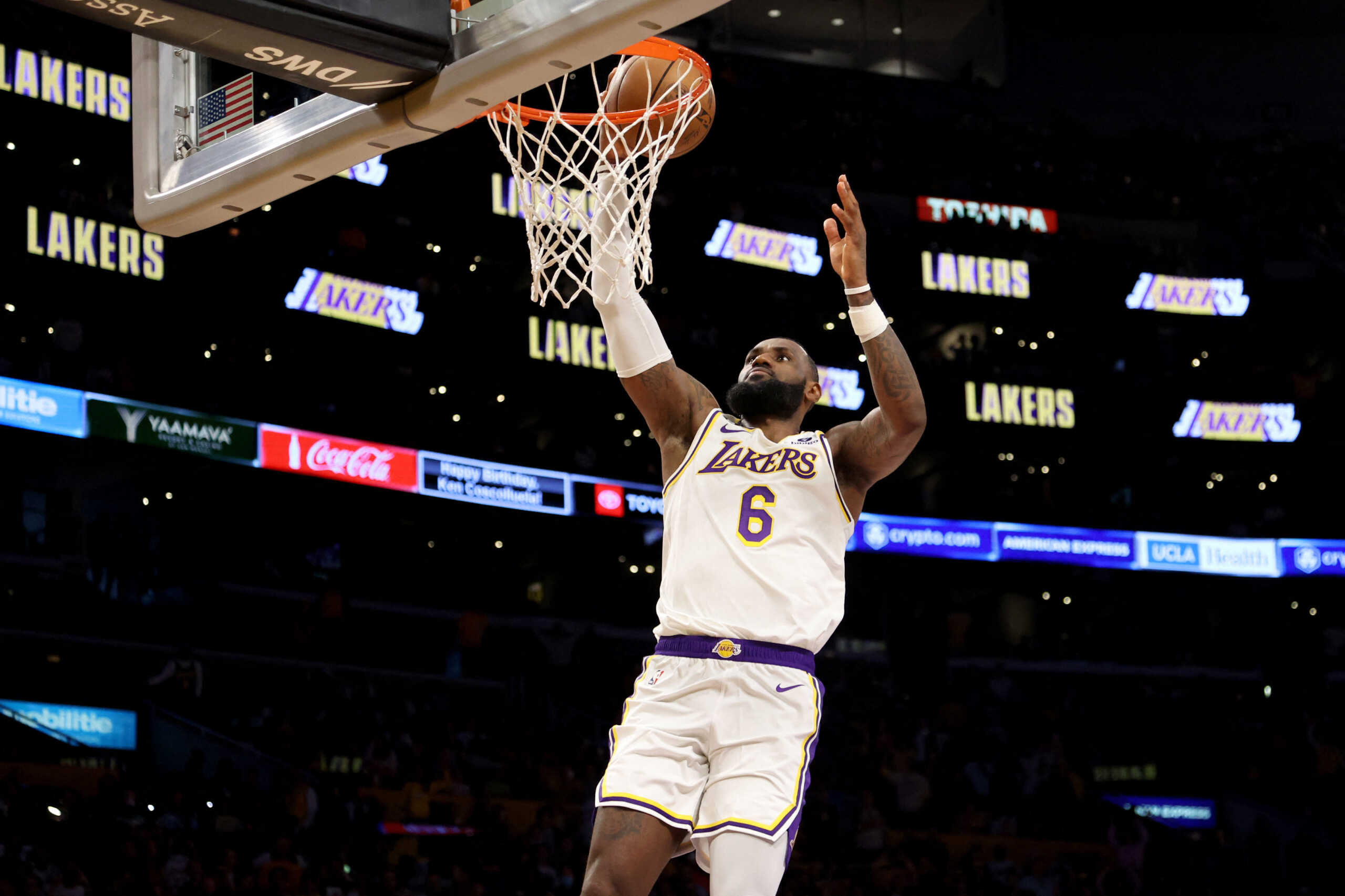 Oct 23, 2022; Los Angeles, California, USA;  Los Angeles Lakers forward LeBron James (6) scores in the fourth quarter against the Portland Trail Blazers at Crypto.com Arena. Mandatory Credit: Kiyoshi Mio-USA TODAY Sports