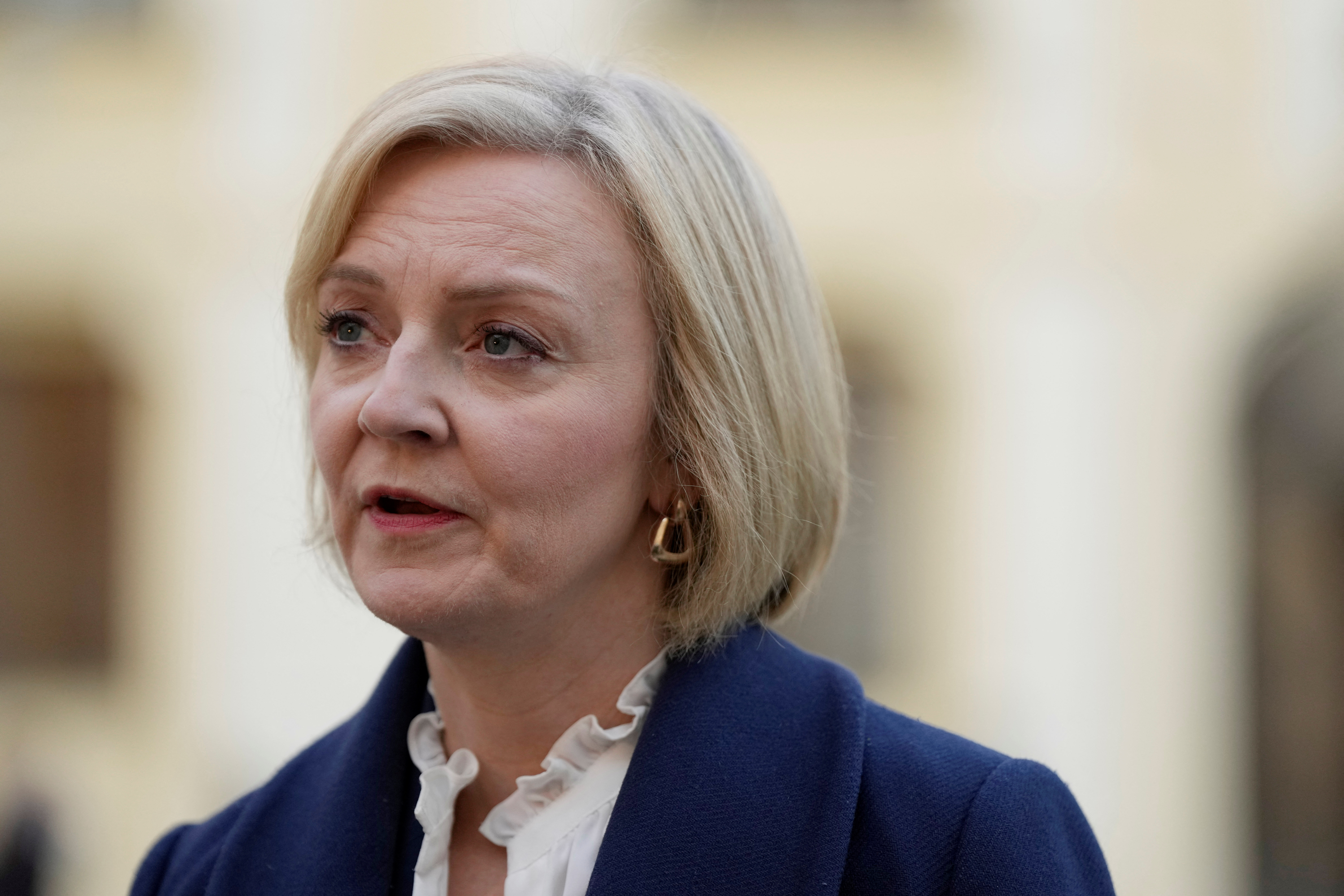 British Prime Minister Liz Truss makes a press statement after a meeting of the European Political Community at Prague Castle in Prague, Czech Republic, Thursday, Oct 6, 2022. Leaders from around 44 countries are gathering Thursday to launch a "European Political Community" aimed at boosting security and economic prosperity across the continent, with Russia the one major European power not invited. Alastair Grant