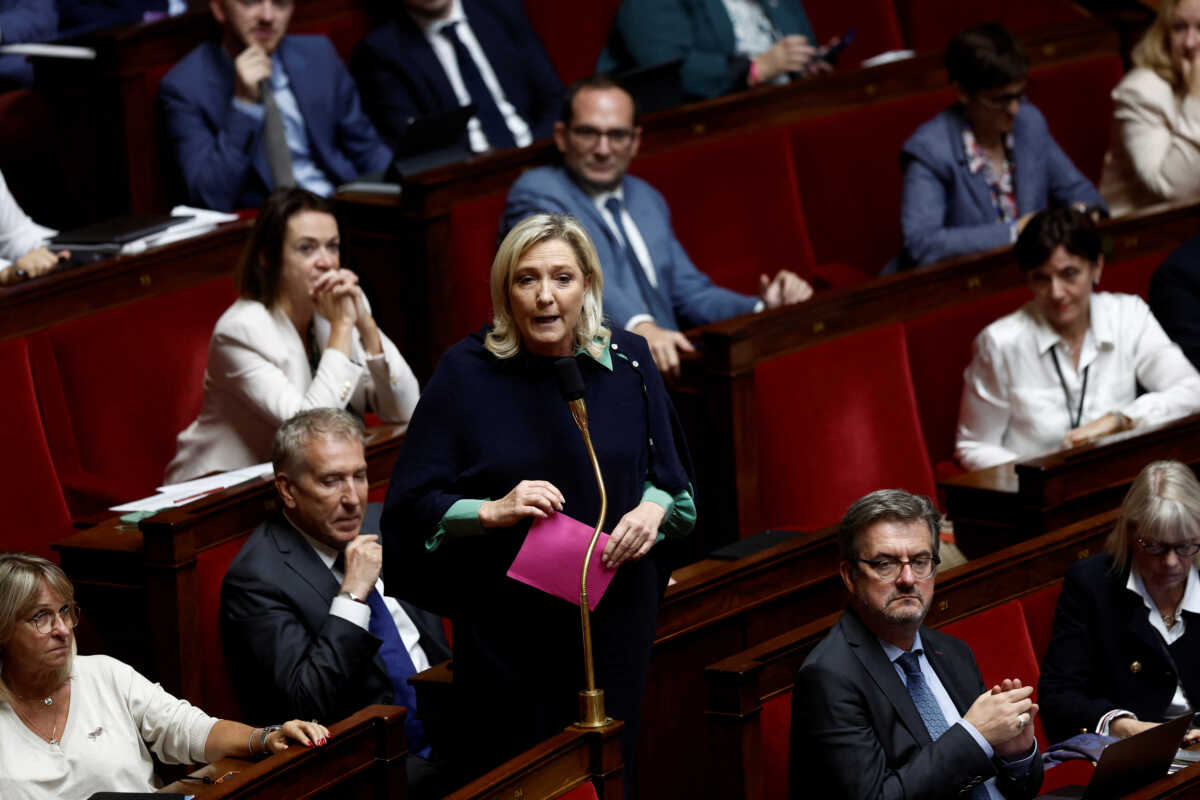 Marine Le Pen, member of parliament and president of the French far-right National Rally (Rassemblement National - RN) party parliamentary group, speaks during a debate on the 2023 budget bill at the National Assembly in Paris, France, October 19, 2022. REUTERS