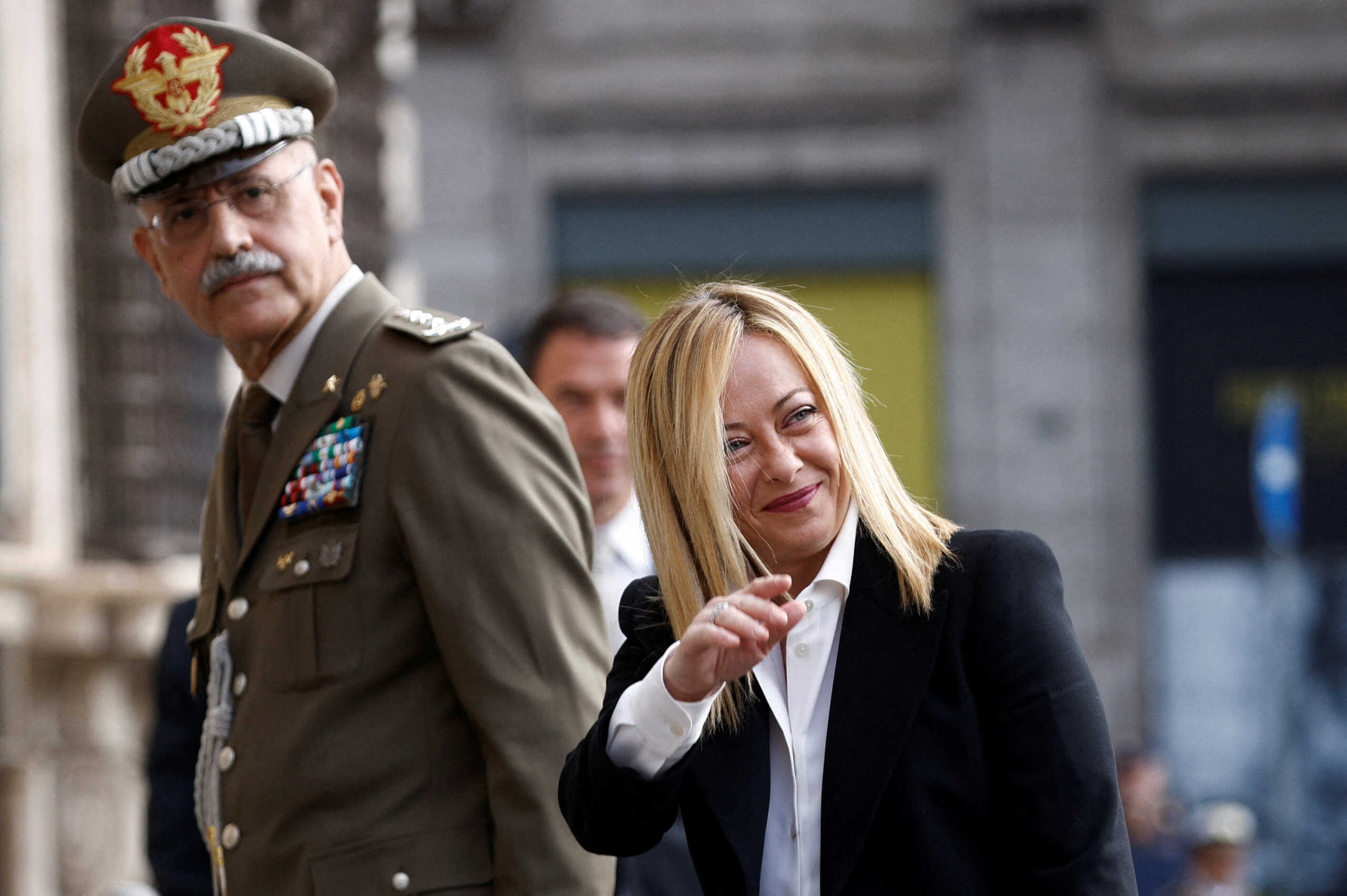 Italy's Prime Minister Giorgia Meloni gestures on the day of her first cabinet meeting at Chigi Palace, in Rome, Italy, October 23, 2022. REUTERS