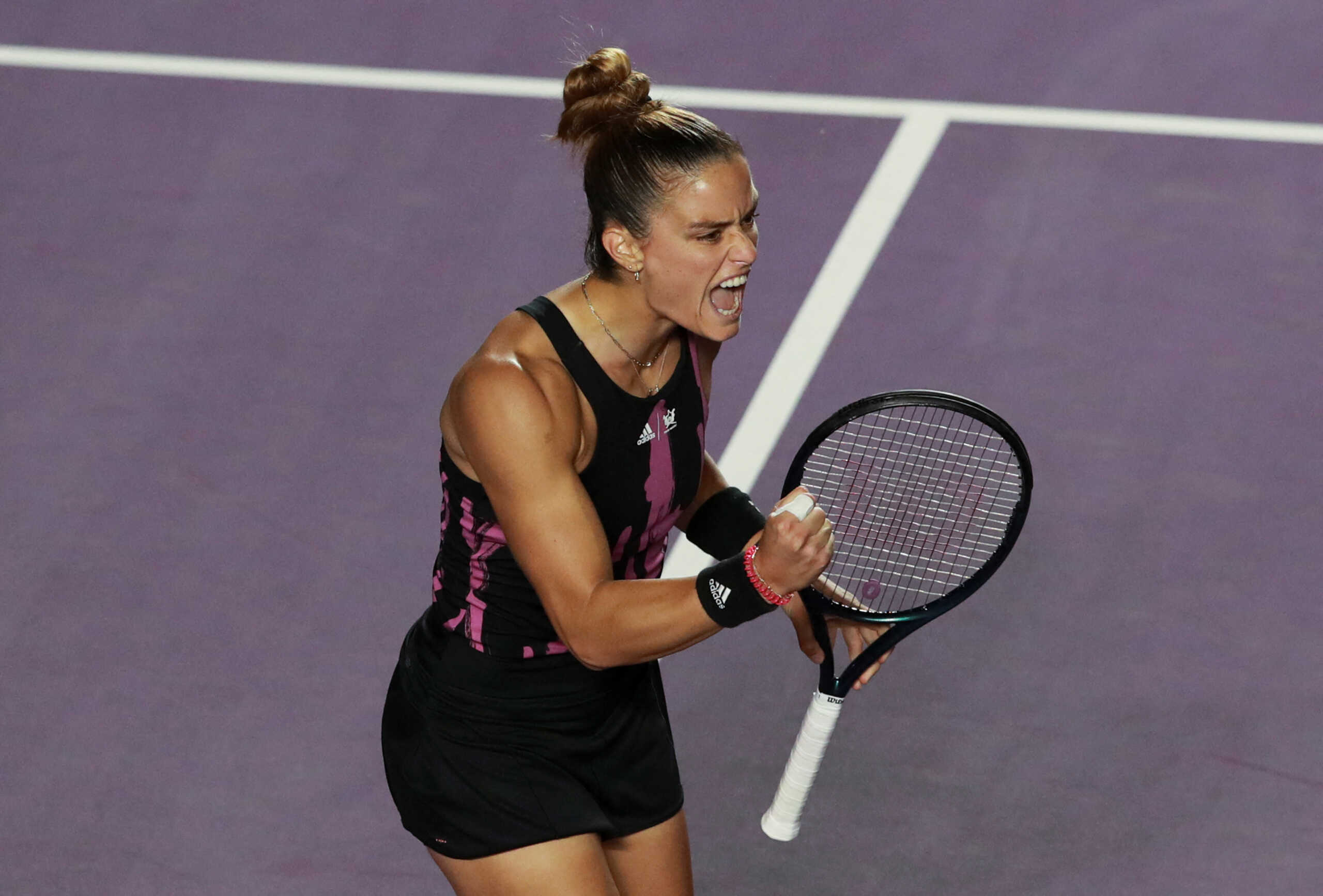 Tennis - WTA 1000 - Guadalajara Open - Guadalajara, Mexico - October 18, 2022. Maria Sakkari of Greece reacts after winning a point during her second round match against Marta Kostyuk of Ukraine. REUTERS