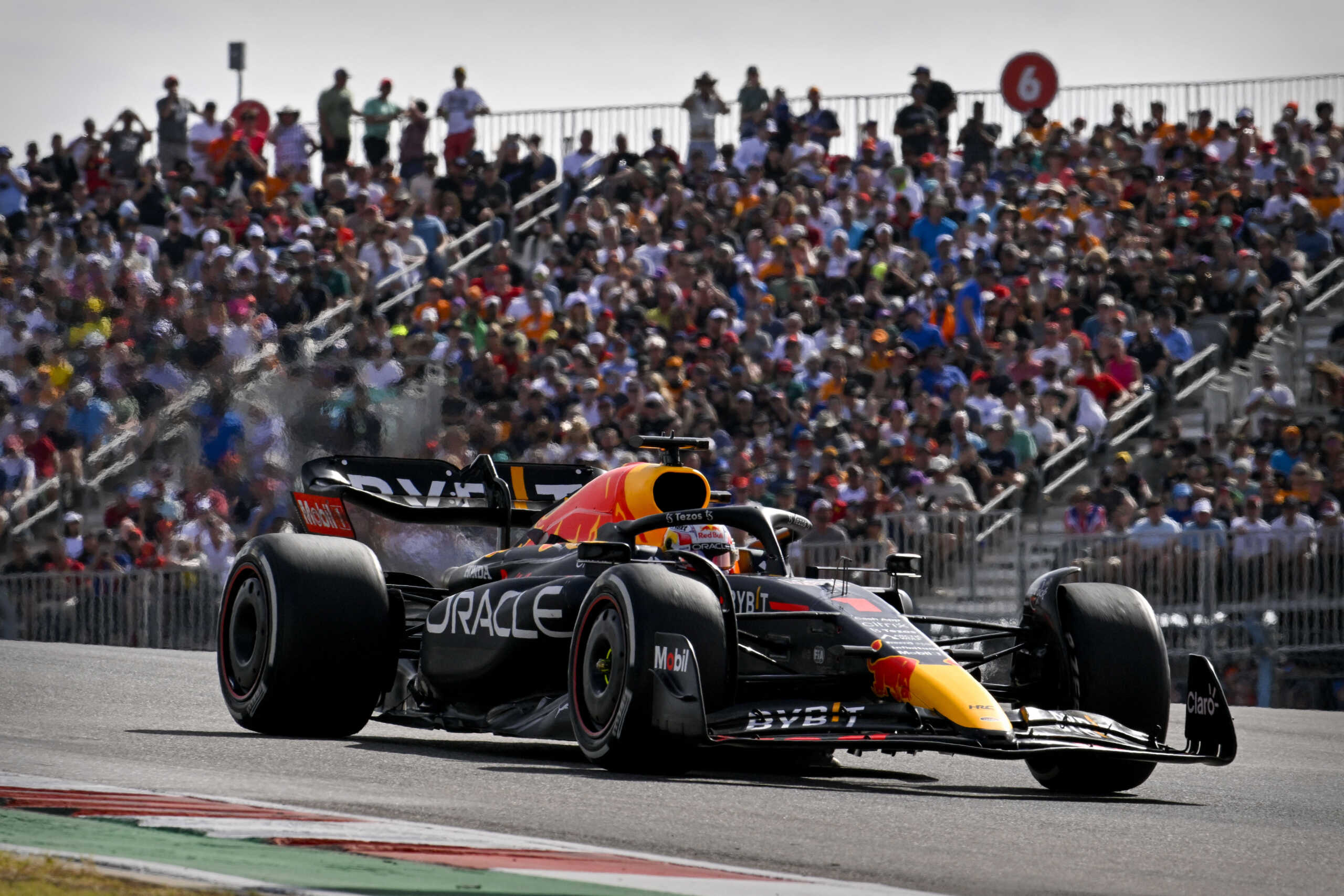 Oct 23, 2022; Austin, Texas, USA; Red Bull Racing Limited driver Max Verstappen (1) of Team Netherlands during the running of the U.S. Grand Prix F1 race at Circuit of the Americas. Mandatory Credit: Jerome Miron-USA TODAY Sports