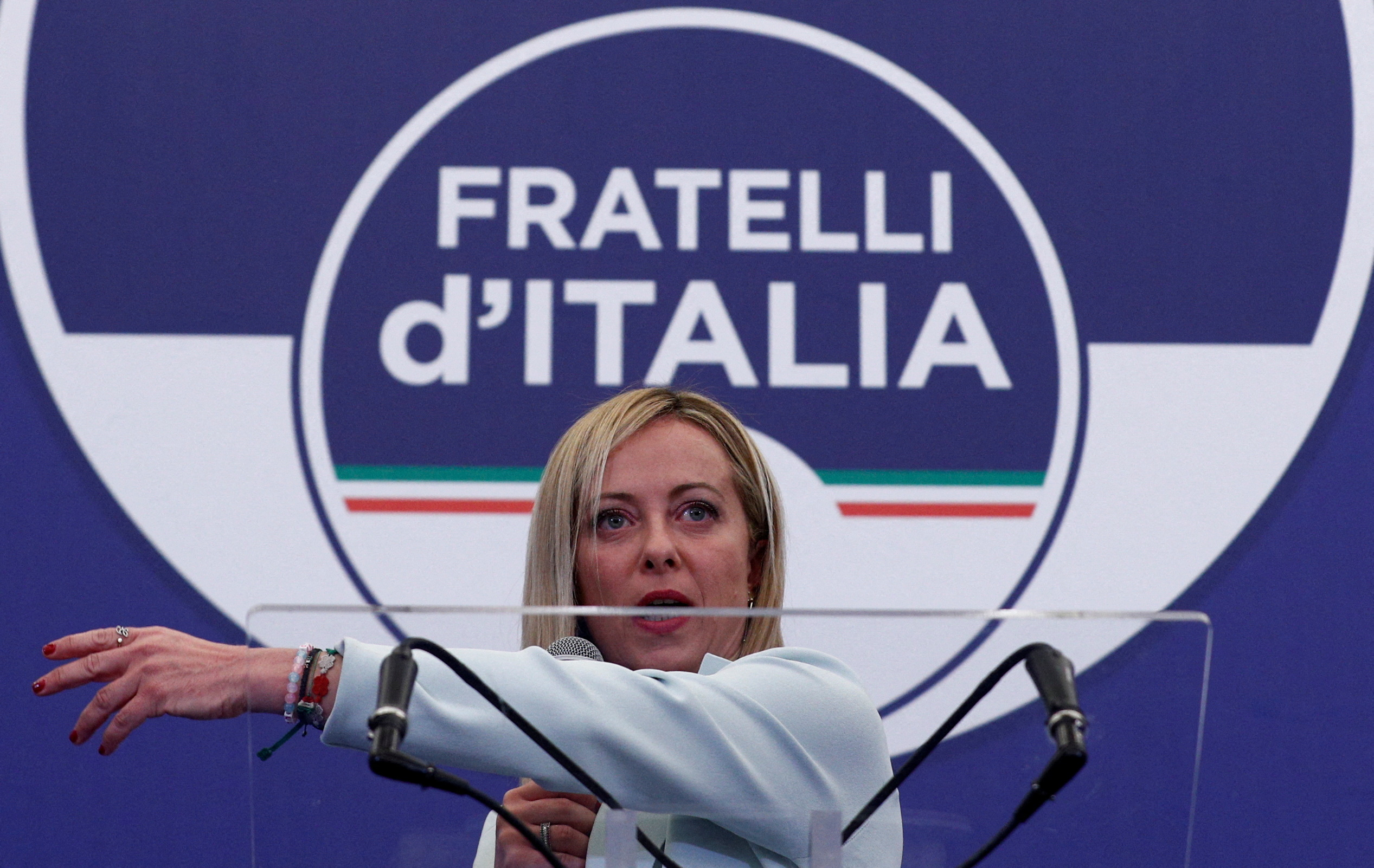 Leader of Brothers of Italy Giorgia Meloni speaks at the party's election night headquarters, in Rome, Italy September 26, 2022. REUTERS