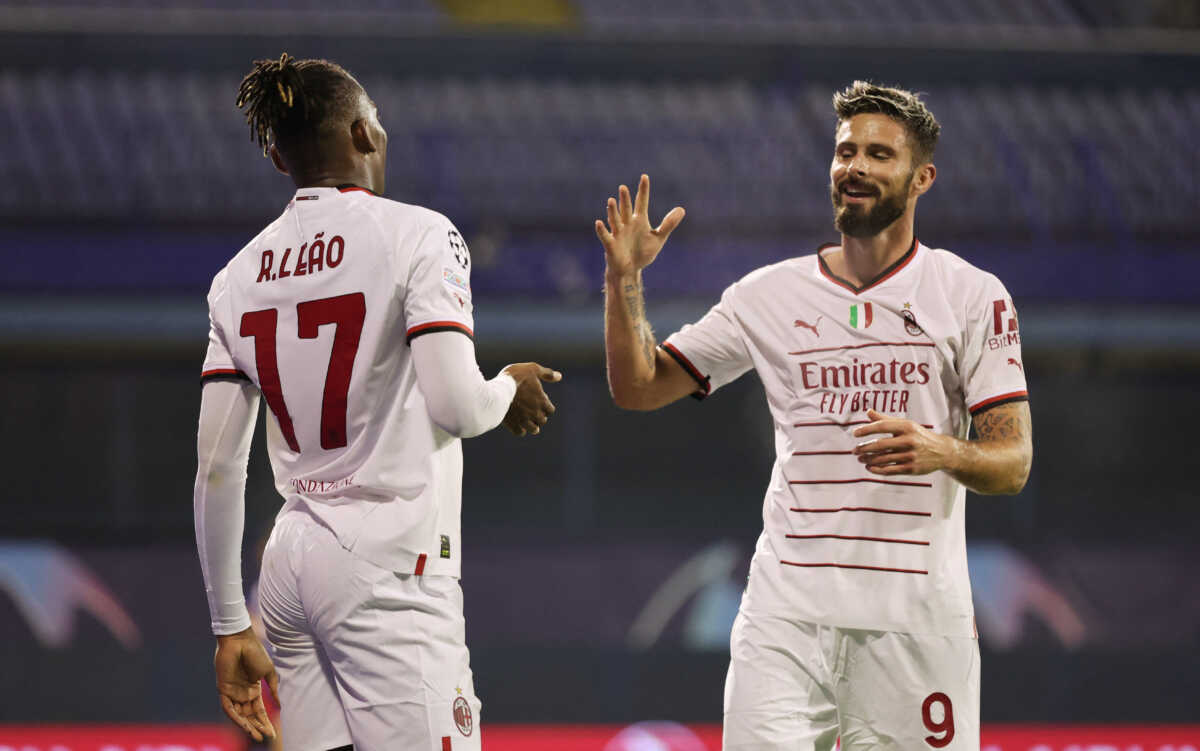 Soccer Football - Champions League - Group E - GNK Dinamo Zagreb v AC Milan - Stadion Maksimir, Zagreb, Croatia - October 25, 2022  AC Milan's Olivier Giroud and Rafael Leao celebrate their fourth goal REUTERS