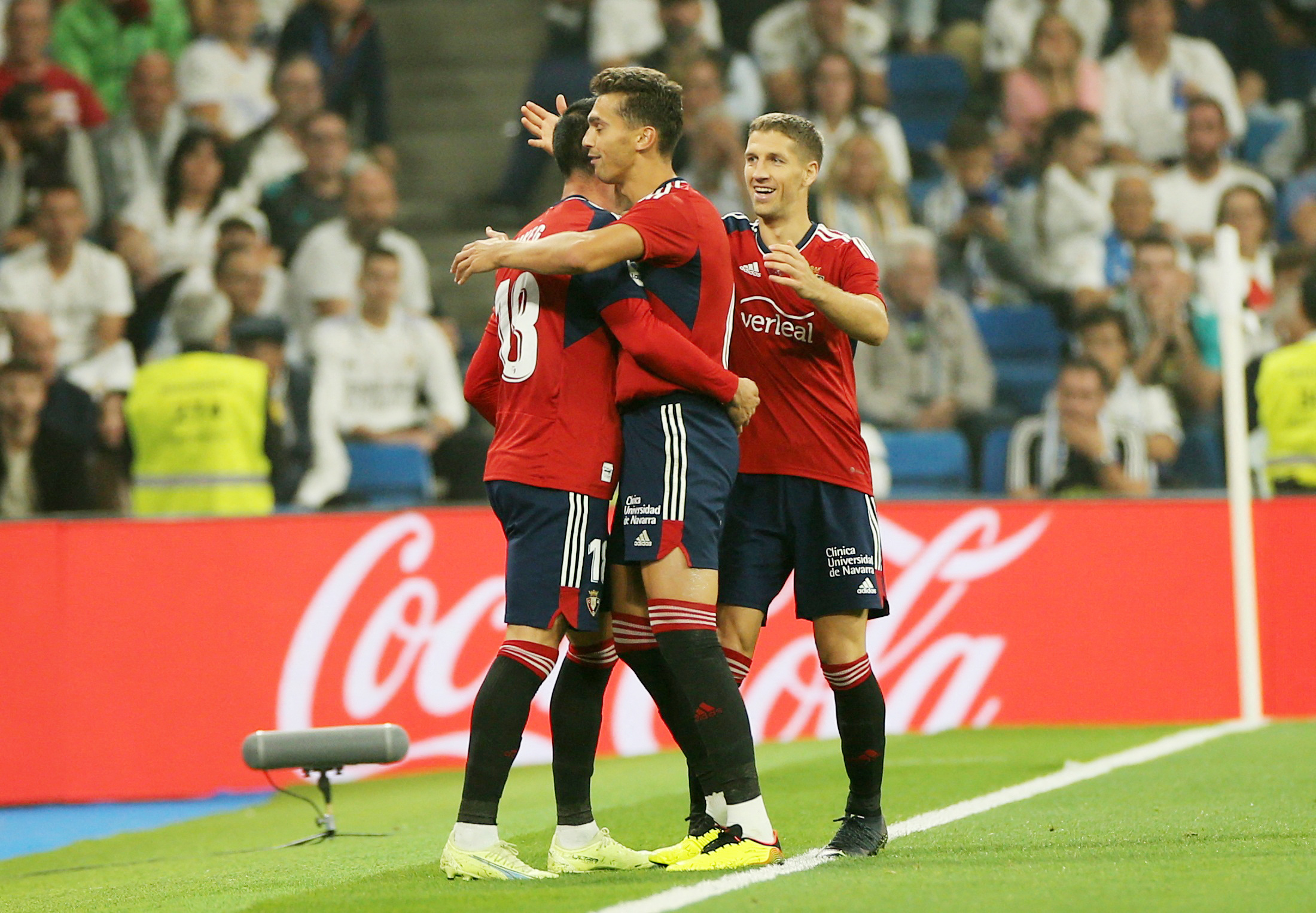 Soccer Football - LaLiga - Real Madrid v Osasuna - Santiago Bernabeu, Madrid, Spain - October 2, 2022 Osasuna's Kike Garcia celebrates scoring their first goal with teammates REUTERS