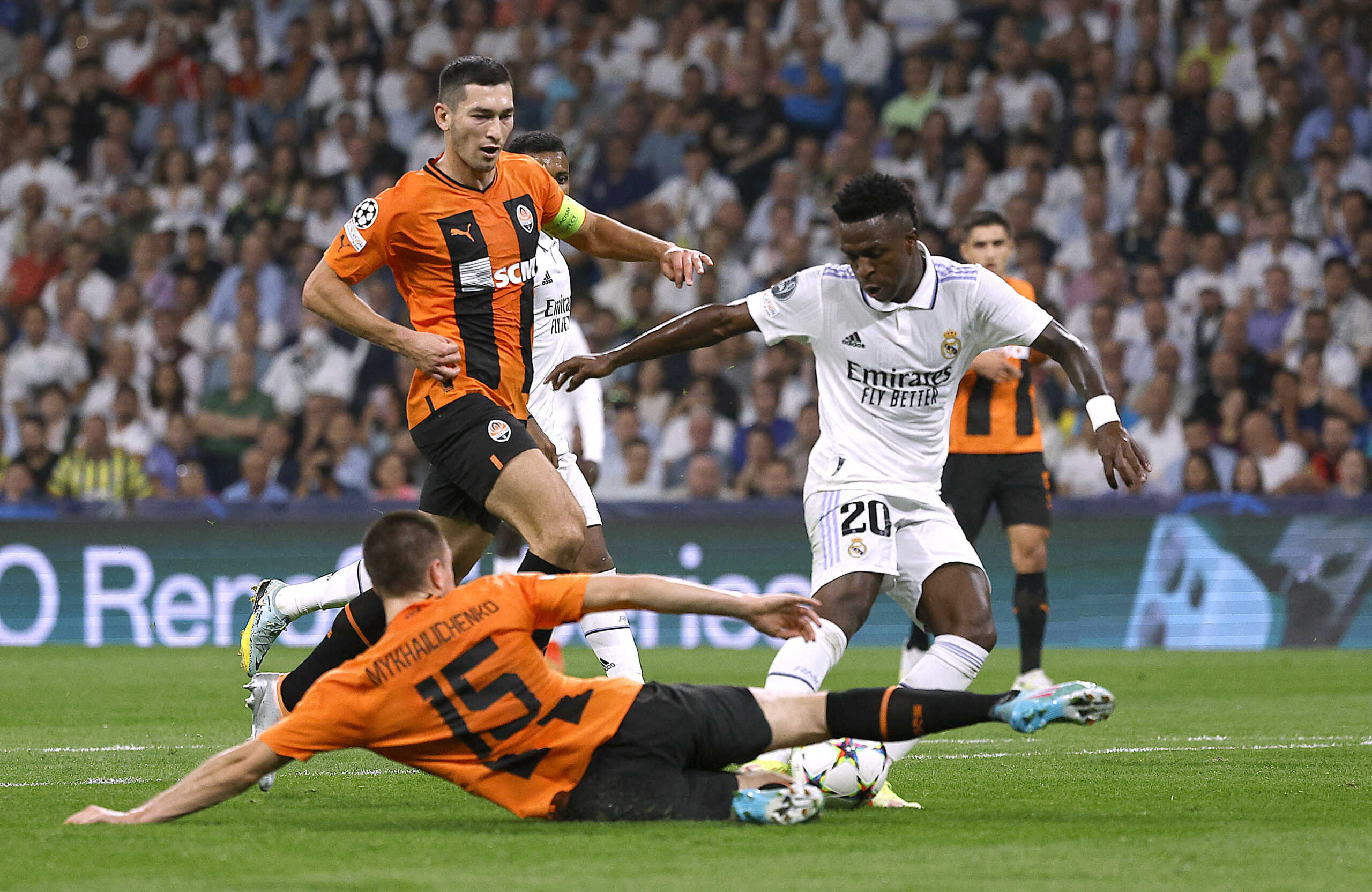 Soccer Football - Champions League - Group F - Real Madrid v Shakhtar Donetsk - Santiago Bernabeu, Madrid, Spain - October 5, 2022  Real Madrid's Vinicius Junior scores their second goal REUTERS