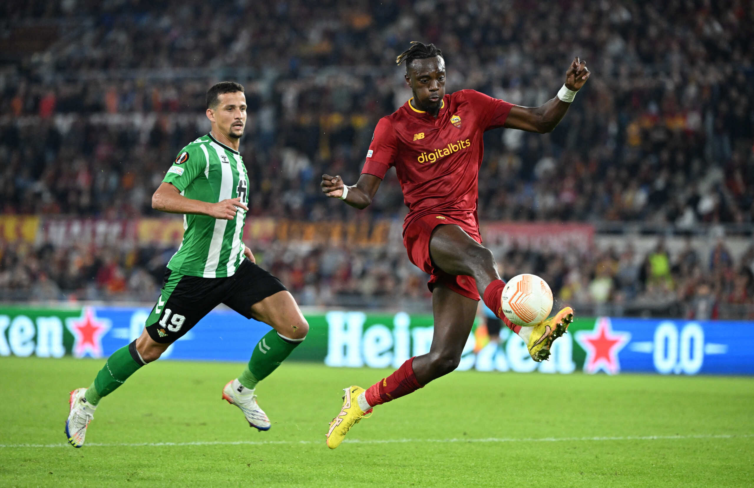 Soccer Football - Europa League - Group C - AS Roma v Real Betis - Stadio Olimpico, Rome, Italy - October 6, 2022  Real Betis' Luiz Felipe in action with AS Roma's Tammy Abraham REUTERS