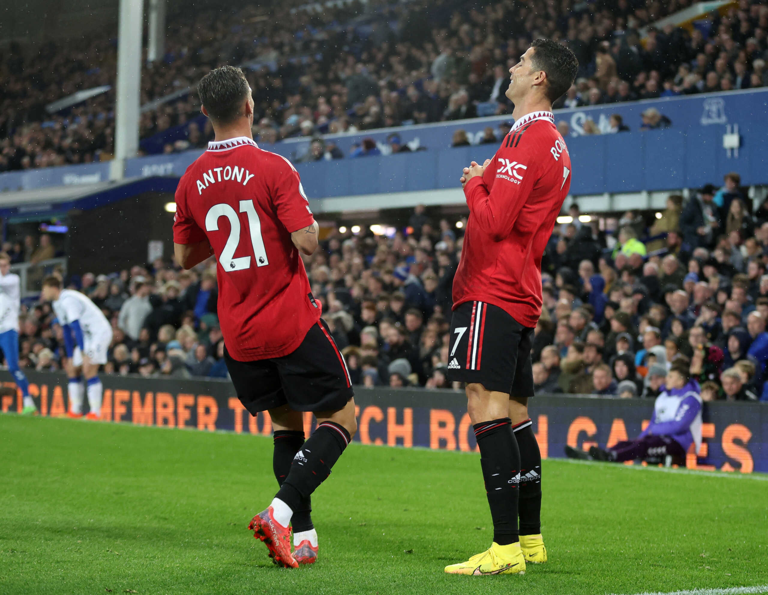 Soccer Football - Premier League - Everton v Manchester United - Goodison Park, Liverpool, Britain - October 9, 2022 Manchester United's Cristiano Ronaldo celebrates scoring their second goal with Antony Action Images via Reuters