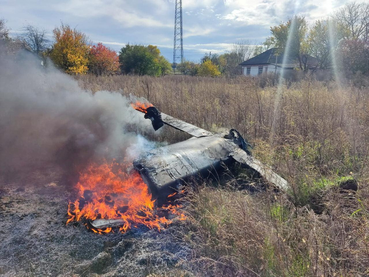 Part of a rocket claimed to have been shot down by Ukrainian defence forces is seen at a location given as Kipti, Chernihiv region, Ukraine, in this image obtained by Reuters from social media  on October 19, 2022. Press Service of the Operation Command North and the Ukrainian Armed Forces