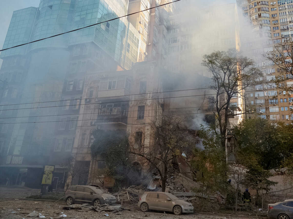 FILE PHOTO: A view shows a residential building destroyed by a Russian drone strike, which local authorities consider to be Iranian-made Shahed-136 unmanned aerial vehicles (UAVs), amid Russia's attack on Ukraine, in Kyiv, Ukraine October 17, 2022. REUTERS