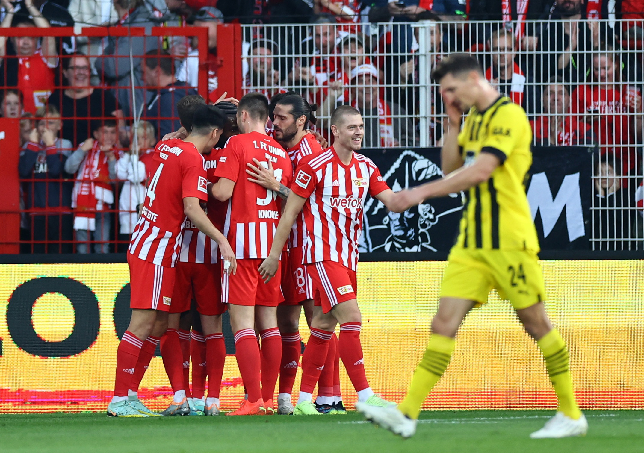 Soccer Football - Bundesliga - 1. FC Union Berlin v Borussia Dortmund - Stadion An der Alten Forsterei, Berlin, Germany - October 16, 2022  1. FC Union Berlin's Janik Haberer celebrates scoring their second goal with teammates REUTERS