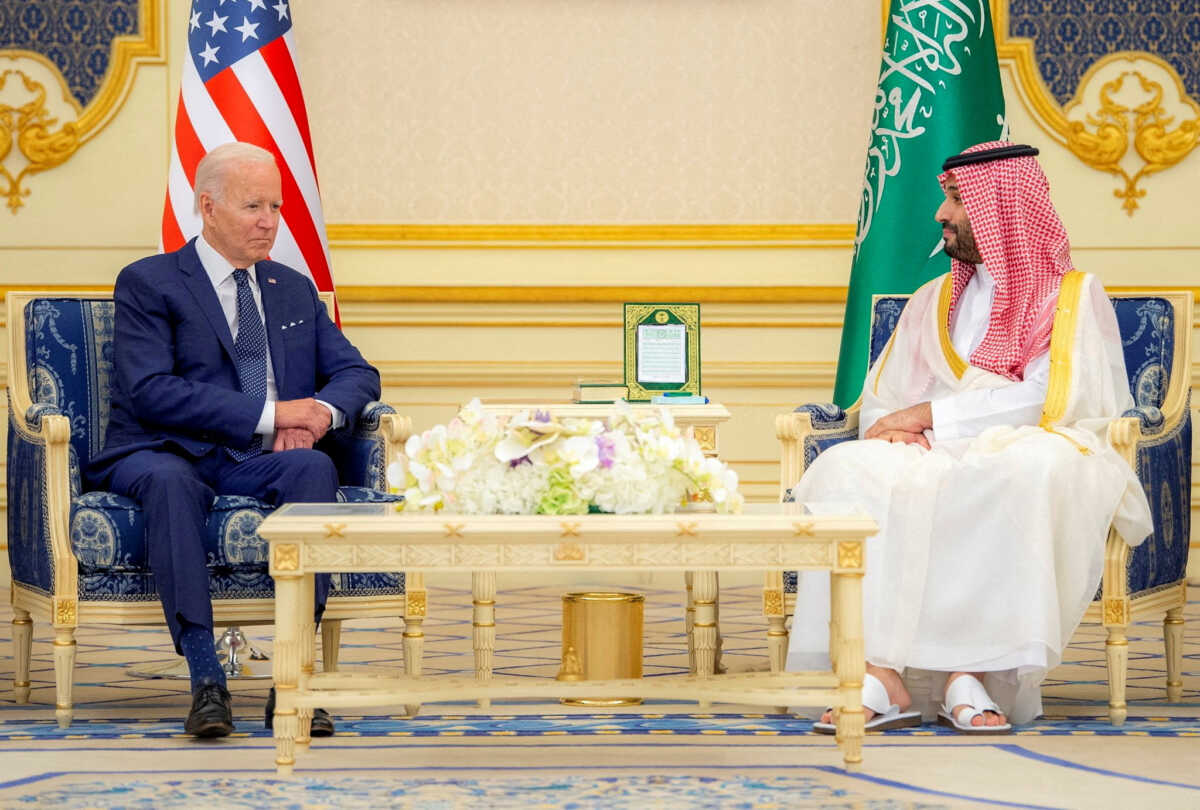 FILE PHOTO: Saudi Crown Prince Mohammed bin Salman and U.S. President Joe Biden meet at Al Salman Palace upon his arrival in Jeddah, Saudi Arabia, July 15, 2022. Bandar Algaloud