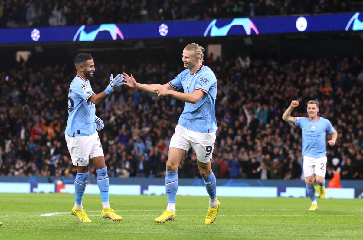 Soccer Football - Champions League - Group G - Manchester City v FC Copenhagen - Etihad Stadium, Manchester, Britain - October 5, 2022  Manchester City's Erling Braut Haaland celebrates scoring their first goal with Riyad Mahrez Action Images via Reuters