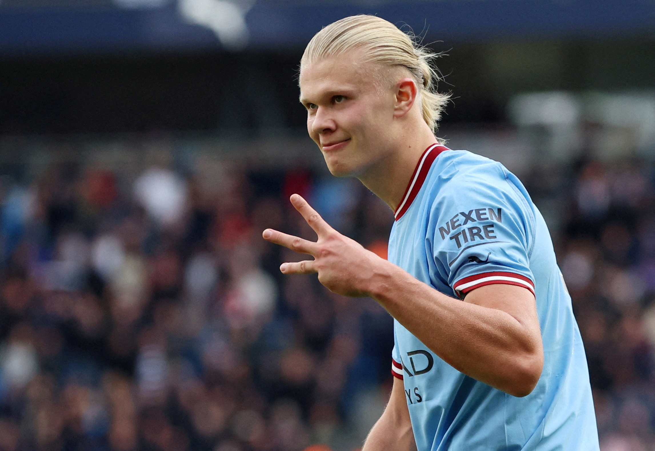 Soccer Football - Premier League - Manchester City v Manchester United - Etihad Stadium, Manchester, Britain - October 2, 2022 Manchester City's Erling Braut Haaland celebrates scoring their fifth goal and completing his hat-trick REUTERS