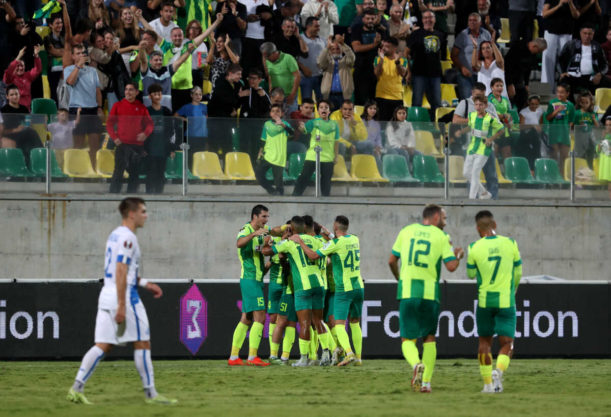 Soccer Football - Europa League - Group B - AEK Larnaca v Dynamo Kyiv - AEK Arena, Larnaca, Cyprus - October 27, 2022 AEK Larnaca's Omri Altman celebrates scoring their first goal with teammates REUTERS