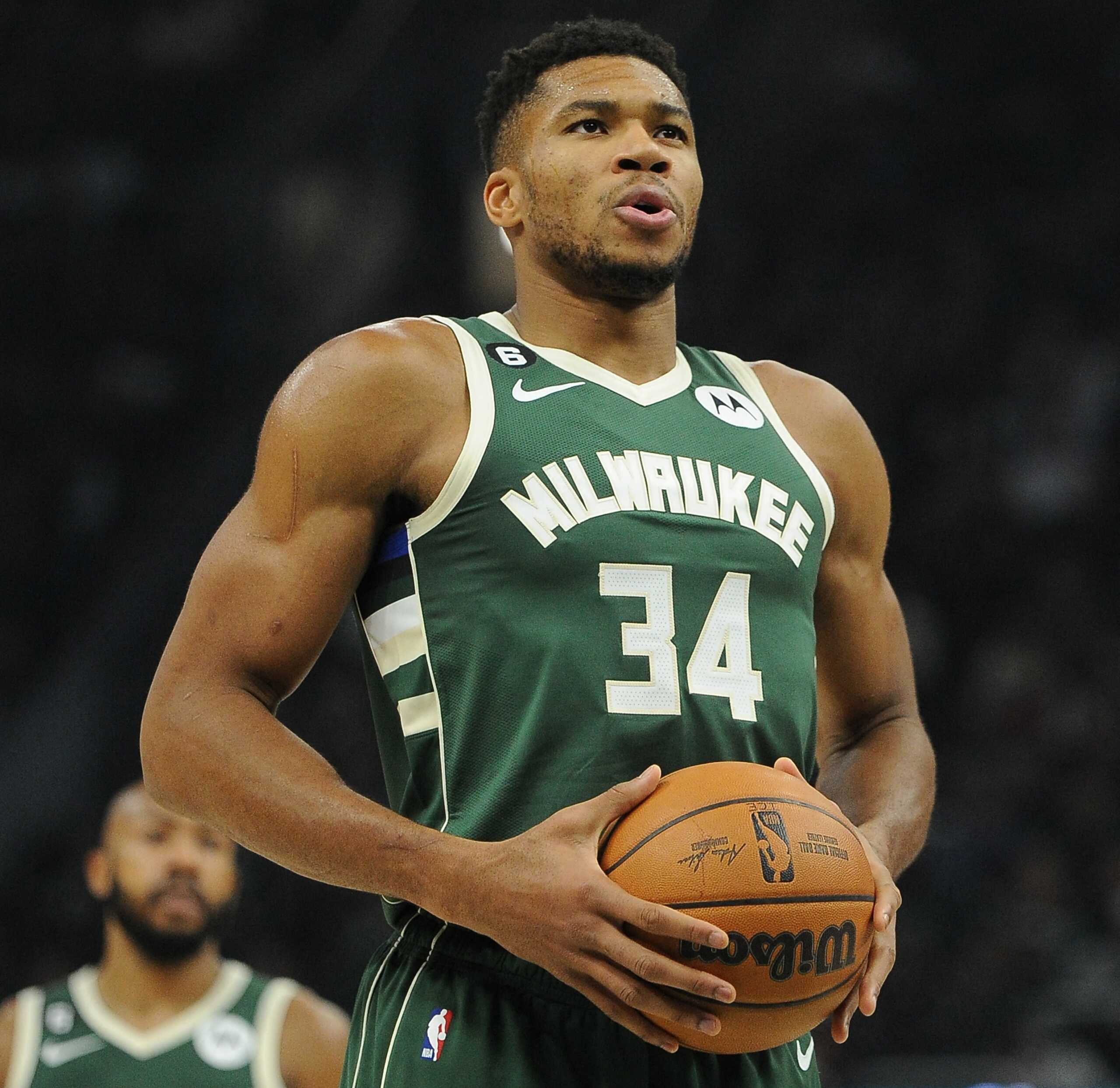 Oct 22, 2022; Milwaukee, Wisconsin, USA;  Milwaukee Bucks forward Giannis Antetokounmpo (34) take a deep breath before shooting a free throw in the first quarter against the Houston Rockets at Fiserv Forum. Mandatory Credit: Michael McLoone-USA TODAY Sports