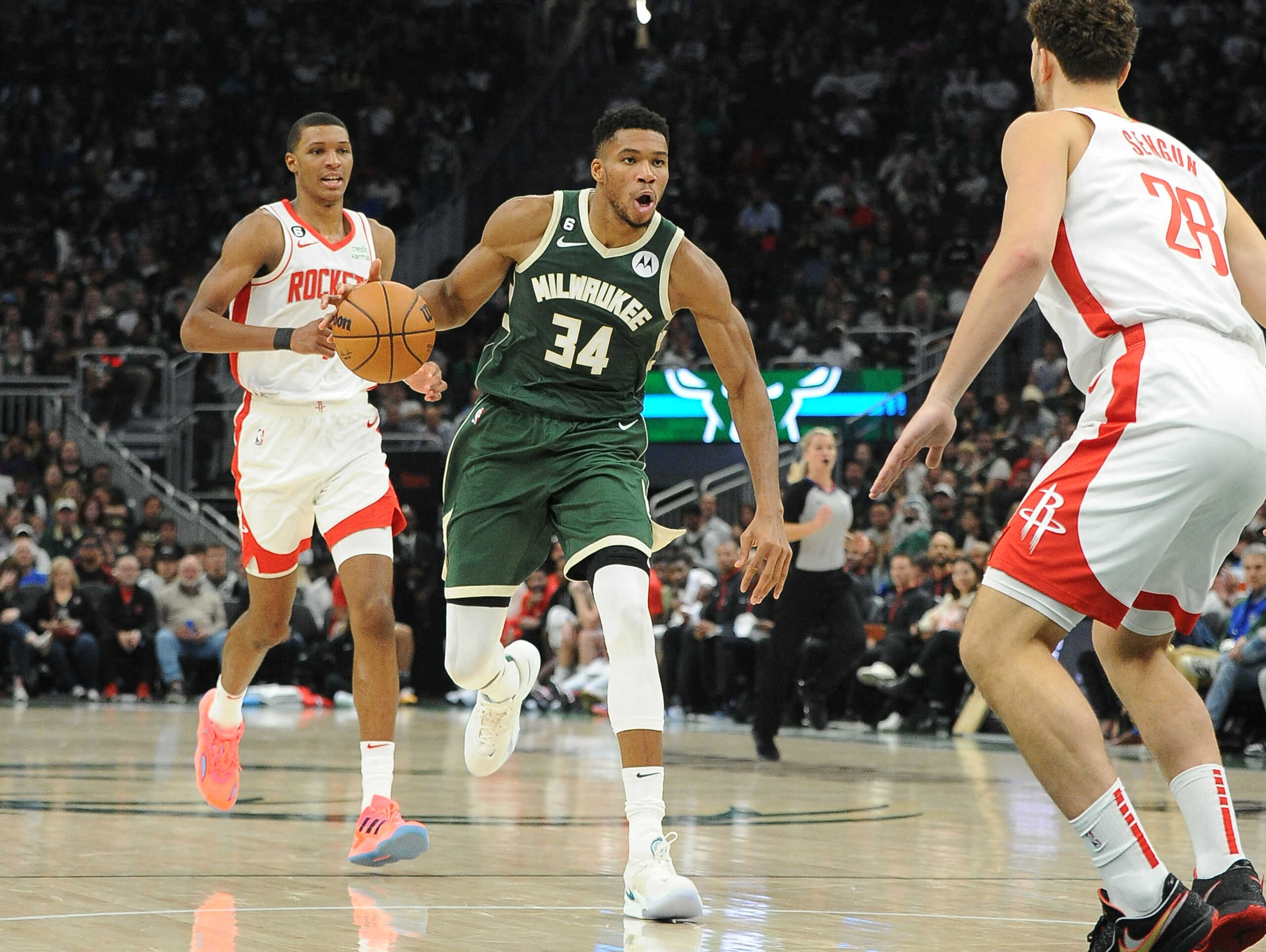 Oct 22, 2022; Milwaukee, Wisconsin, USA; Milwaukee Bucks forward Giannis Antetokounmpo (34) drives tot the basket against Houston Rockets in the second quarter at Fiserv Forum. Mandatory Credit: Michael McLoone-USA TODAY Sports