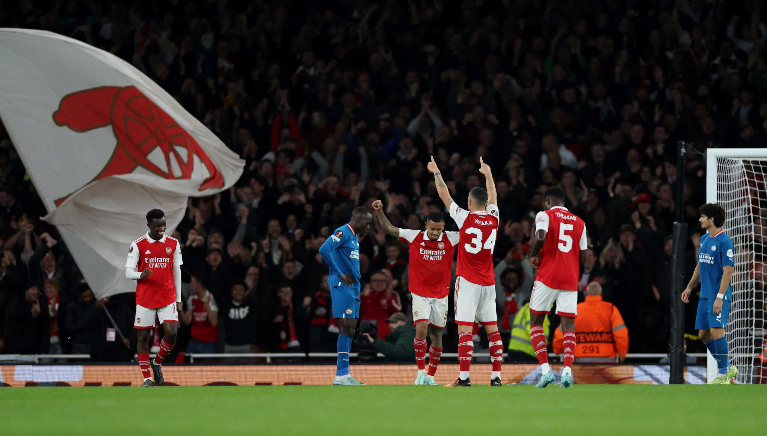 Soccer Football - Europa League - Group A - Arsenal v PSV Eindhoven - Emirates Stadium, London, Britain - October 20, 2022 Arsenal's Granit Xhaka celebrates scoring their first goal with Gabriel Jesus and Eddie Nketiah Action Images via Reuters