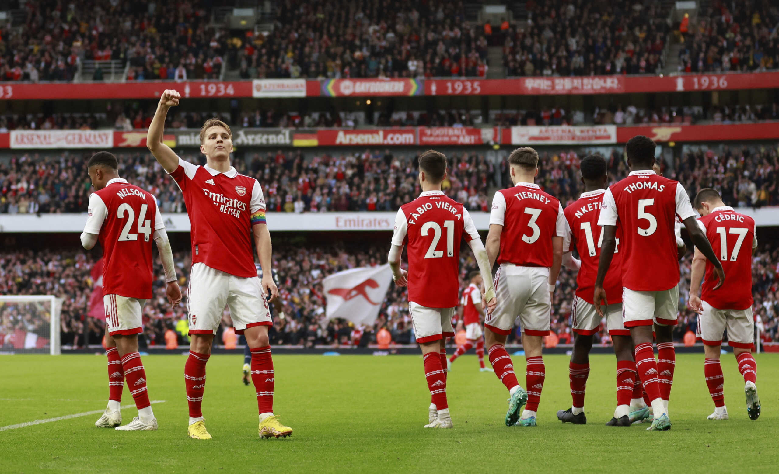 Soccer Football - Premier League - Arsenal v Nottingham Forest - Emirates Stadium, London, Britain - October 30, 2022 Arsenal's Martin Odegaard celebrates scoring their fifth goal Action Images via Reuters