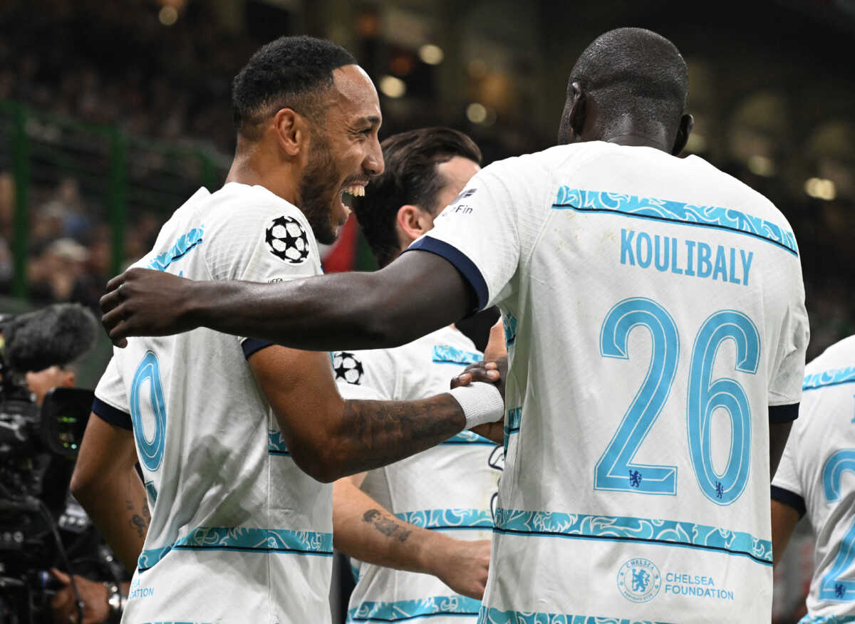 Soccer Football - Champions League - Group E - AC Milan v Chelsea - San Siro, Milan, Italy - October 11, 2022 Chelsea's Pierre-Emerick Aubameyang celebrates scoring their second goal with Kalidou Koulibaly REUTERS