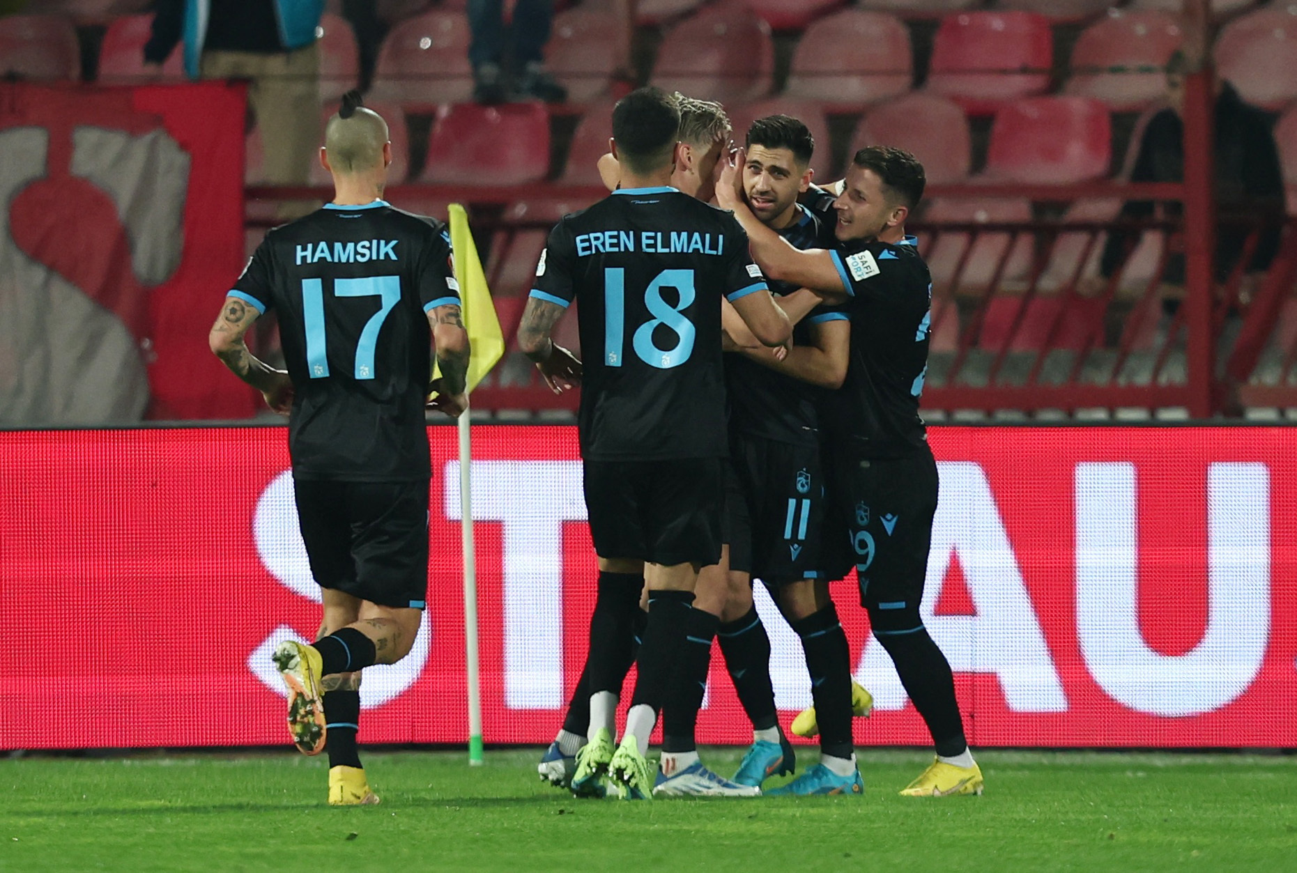 Soccer Football - Europa League - Group H - Red Star Belgrade v Trabzonspor - Rajko Mitic Stadium, Belgrade, Serbia - October 27, 2022 Trabzonspor's Anastasios Bakasetas celebrates scoring their first goal with teammates REUTERS