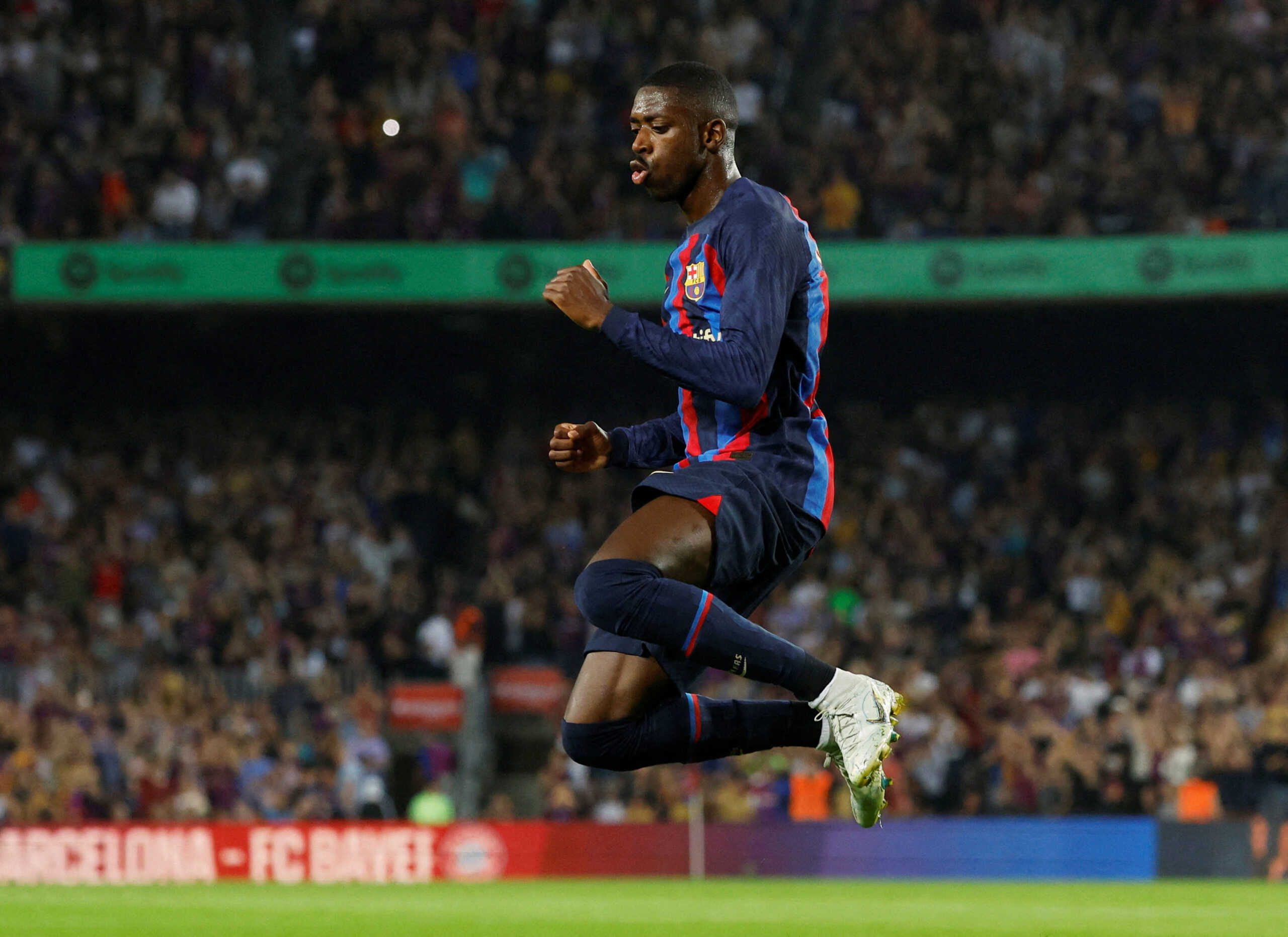 Soccer Football - LaLiga - FC Barcelona v Athletic Bilbao - Camp Nou, Barcelona, Spain - October 23, 2022 FC Barcelona's Ousmane Dembele celebrates scoring their first goal REUTERS