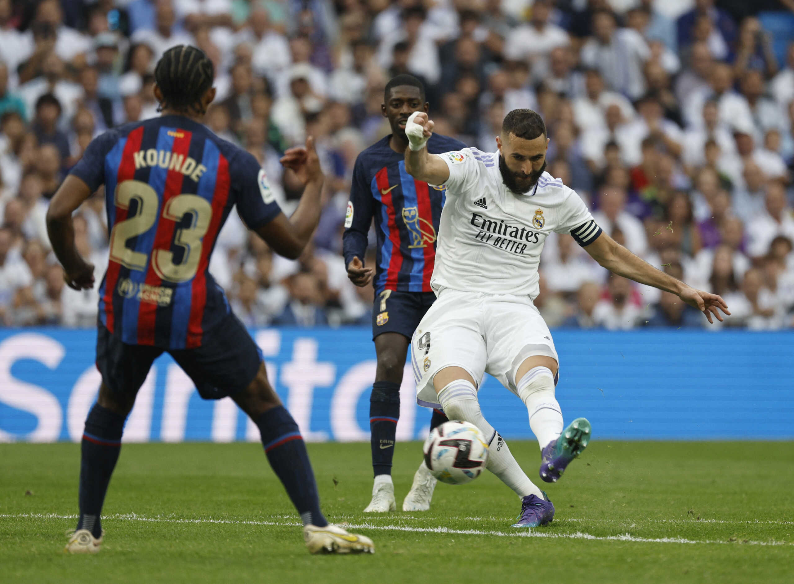 Soccer Football - LaLiga - Real Madrid v FC Barcelona - Santiago Bernabeu, Madrid, Spain - October 16, 2022 Real Madrid's Karim Benzema scores a goal that was later disallowed REUTERS