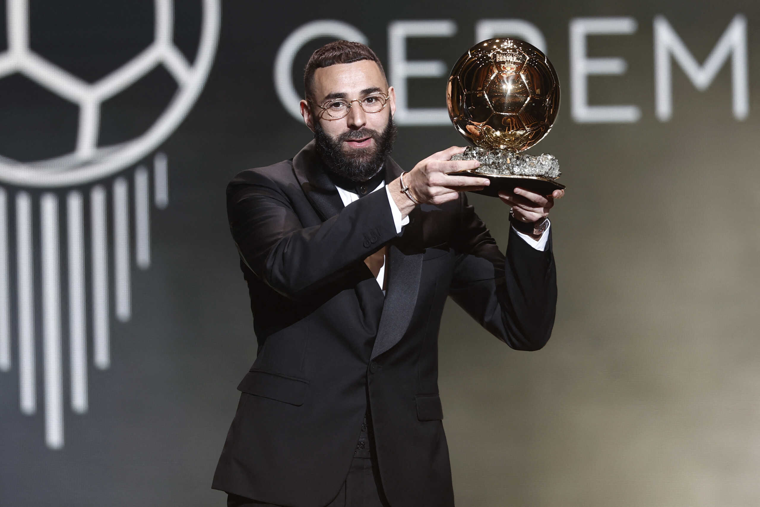 Soccer Football - 2022 Ballon d'Or - Chatelet Theatre, Paris, France - October 17, 2022 Real Madrid's Karim Benzema after winning the Ballon d'Or REUTERS