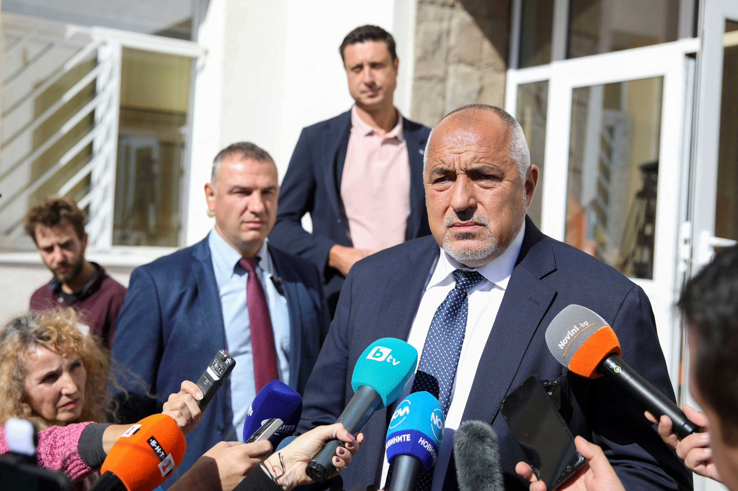 Boyko Borissov, leader of the centre-right GERB party, speaks to the media, during a general election, at a polling station in Sofia, Bulgaria, October 2, 2022. REUTERS
