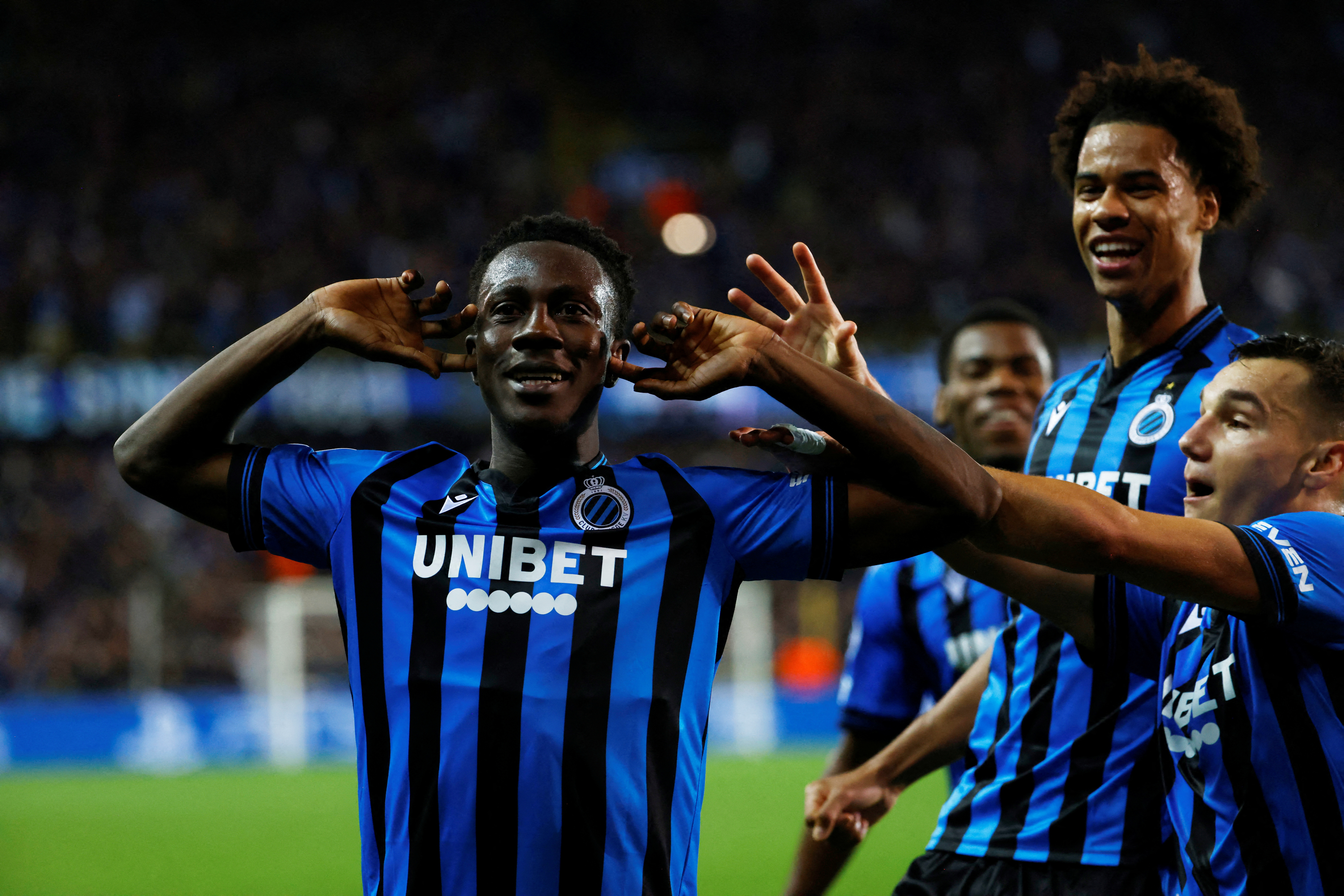 Soccer Football - Champions League - Group B - Club Brugge v Atletico Madrid - Jan Breydel Stadium, Bruges, Belgium - October 4, 2022  Club Brugge's Kamal Sowah celebrates scoring their first goal with teammates REUTERS