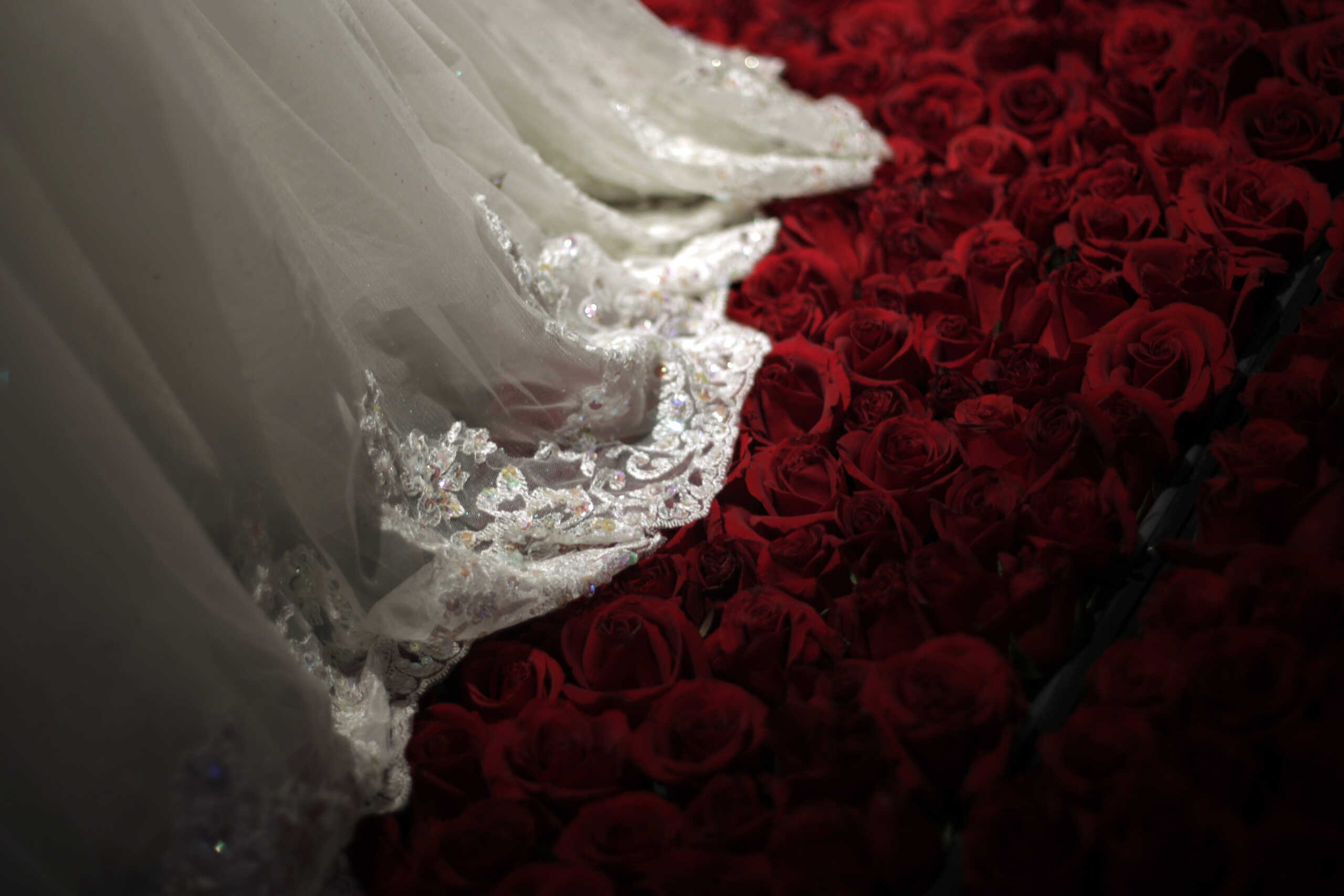 A wedding dress is displayed during a group wedding ceremony hosted by the French Pavilion at the Shanghai World Expo May 11, 2010. Thirty four couples participated in the ceremony held inside the pavilion's classical French-style gardens. One lucky couple will be chosen in a lottery to honeymoon in the French city of Tours and the Loire Valley, according to France's official Expo website. REUTERS