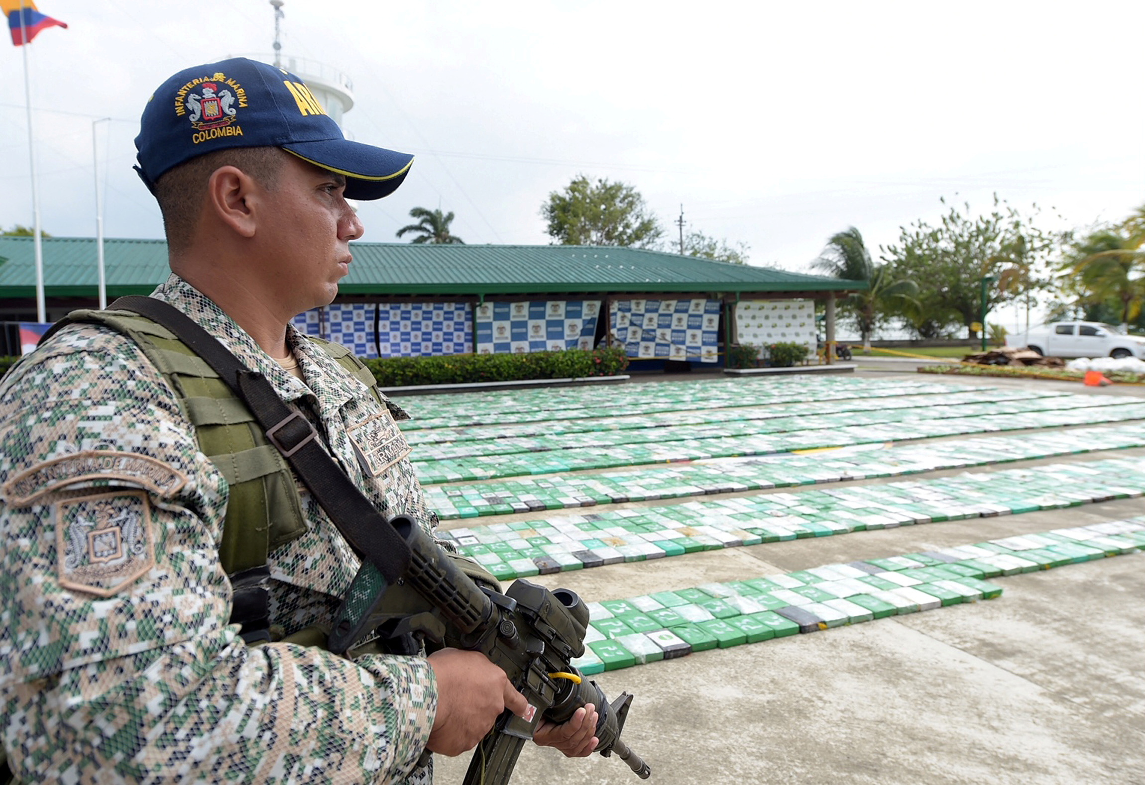 FILE PHOTO: A member of the Colombian navy stands guard along with 5.2 tons of cocaine that were seized in Turbo, Colombia March 6, 2018. Colombian Defense Ministry