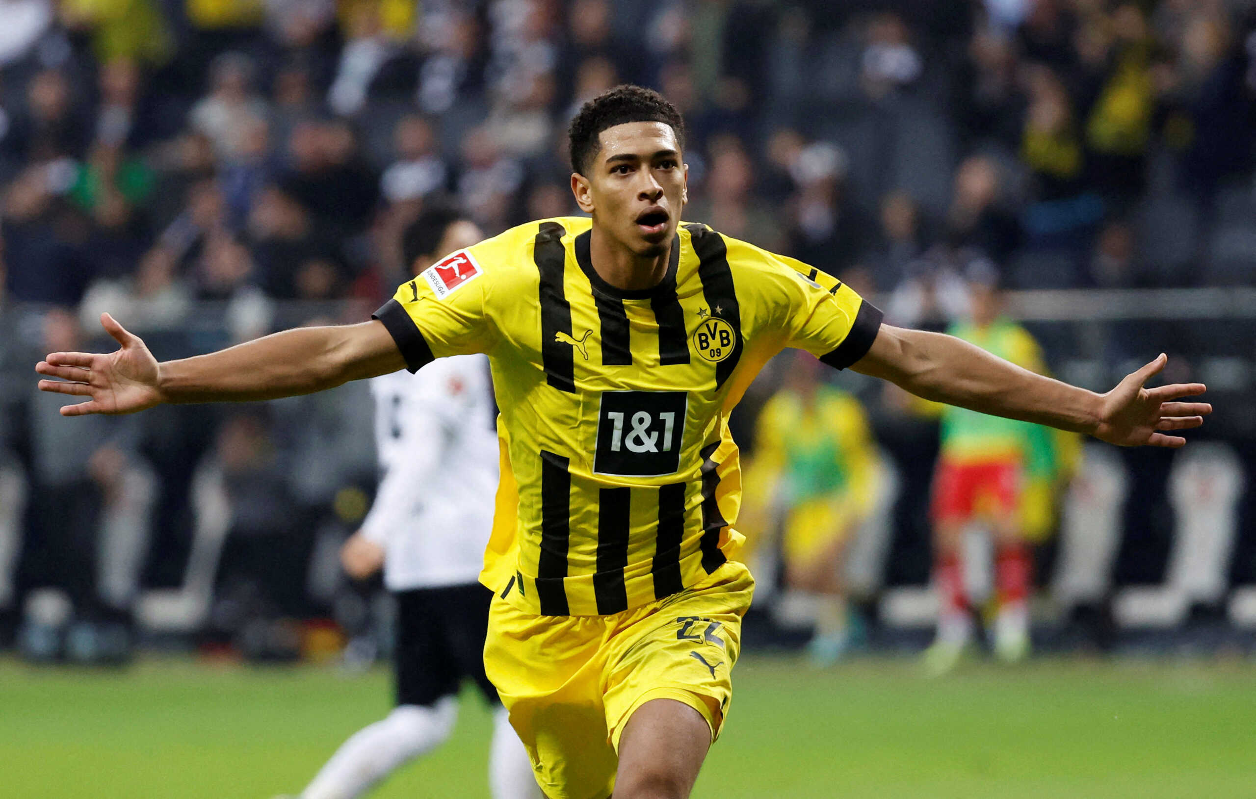 Soccer Football - Bundesliga - Eintracht Frankfurt v Borussia Dortmund - Deutsche Bank Park, Frankfurt, Germany - October 29, 2022 Borussia Dortmund's Jude Bellingham celebrates scoring their second goal REUTERS