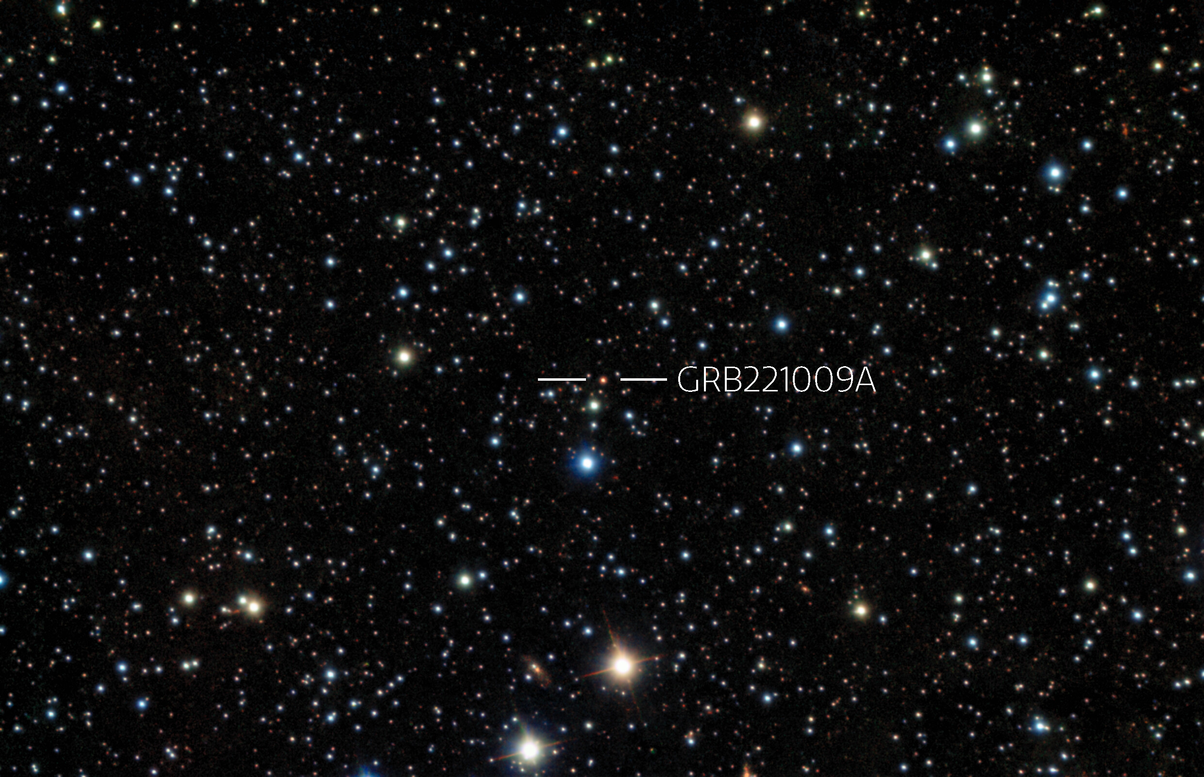 Thanks to a fast reaction by observers and staff, near-simultaneous observations were made of GRB221009A from Gemini South in Chile. The image is a combination of 4 exposures in I, J,H, K with two instruments taken in the morning of Friday 14 October 2022.