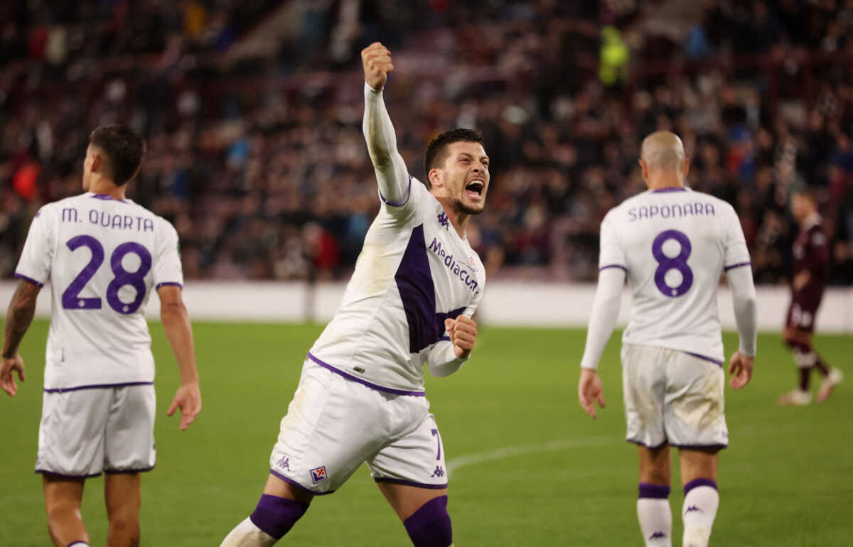 Soccer Football - Europa Conference League - Group A - Heart of Midlothian v Fiorentina - Tynecastle Park, Edinburgh, Scotland, Britain - October 6, 2022 Fiorentina's Luka Jovic celebrates scoring their third goal REUTERS